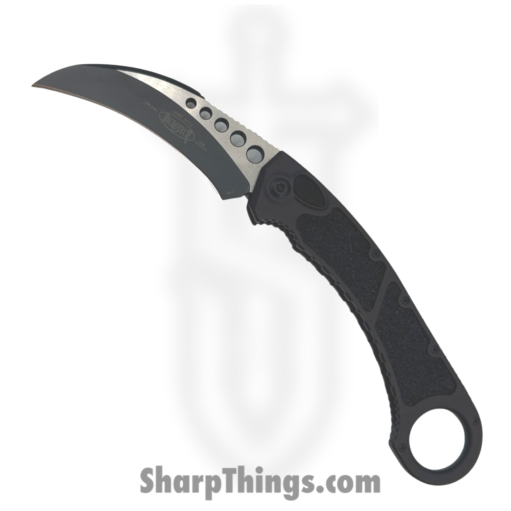 Microtech - 266-1T - Hawk Karambit - Automatic Knife - M390 Black Hawkbill - Aluminum with Traction Tape Inserts - Black