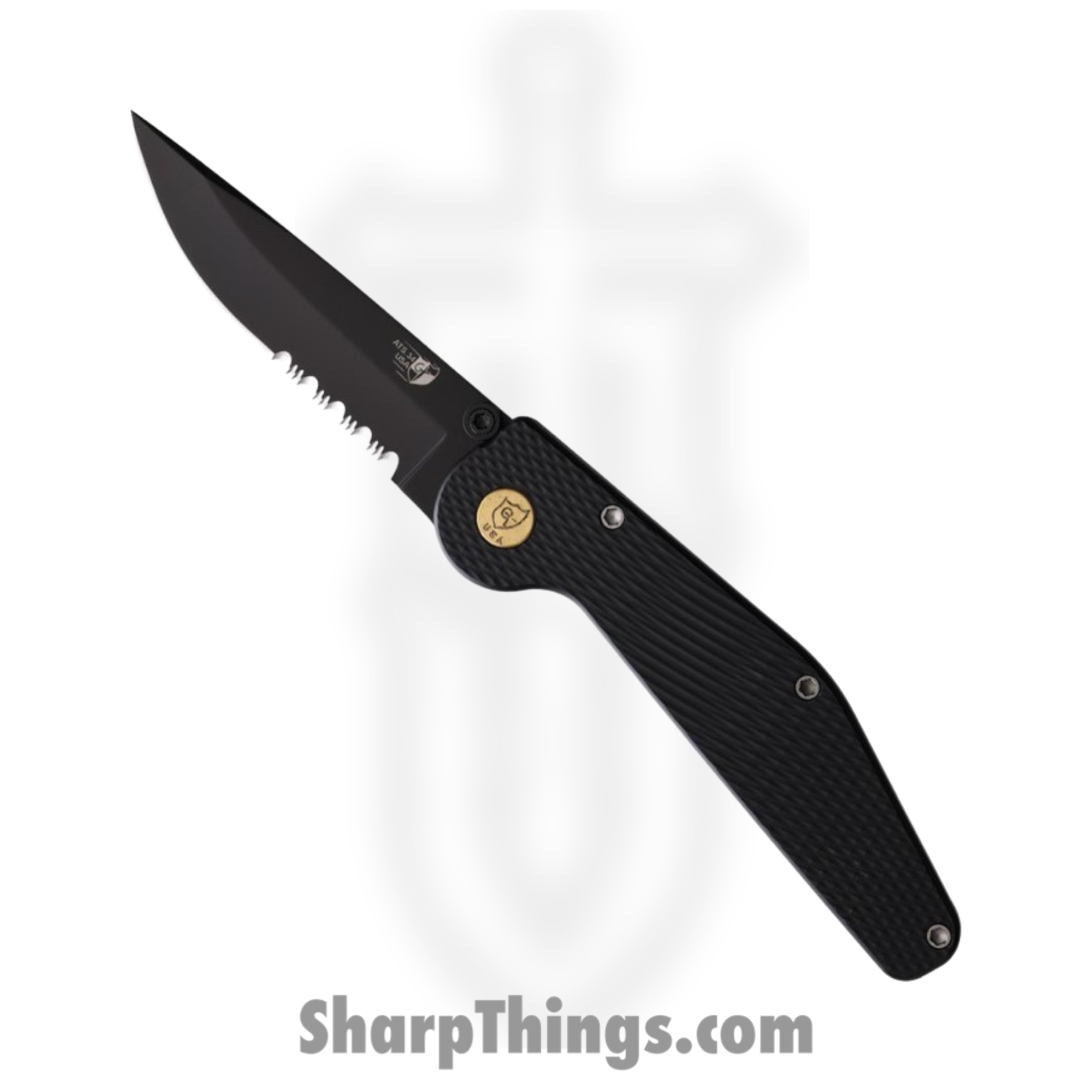 GT Knives - GT104 - Police Serrated - Automatic Knife - ATS 34 Coated Drop Point - Aluminum - Black