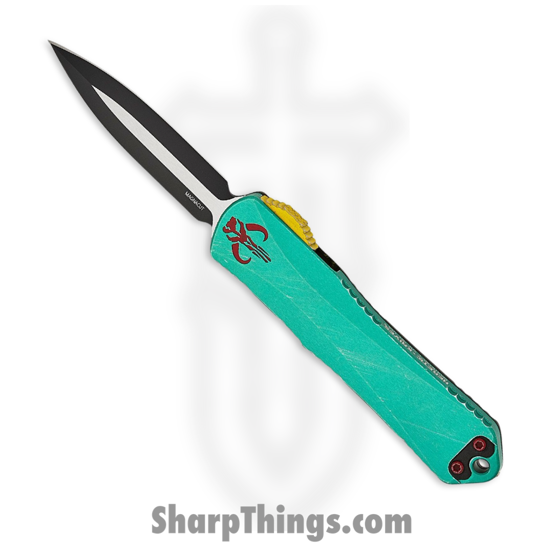 Heretic Knives - H028-10A-Bounty - Manticore E Bounty Hunter - OTF Auto - Magnacut Two Tone Dagger - 6061-T6 Aluminum/Camo Fat Carbon - Green/Black/Yellow
