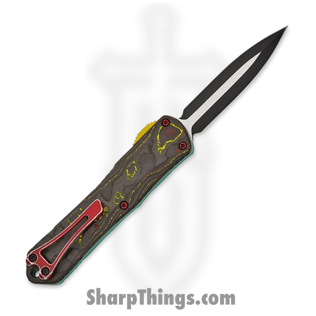 Heretic Knives - H028-10A-Bounty - Manticore E Bounty Hunter - OTF Auto - Magnacut Two Tone Dagger - 6061-T6 Aluminum/Camo Fat Carbon - Green/Black/Yellow - Image 2