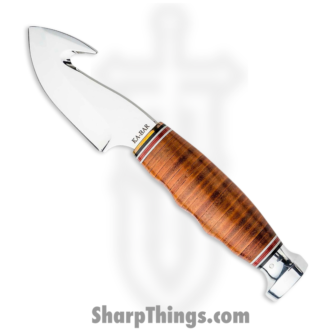 Ka-Bar - KA1234 - Game Hook Hunter Blade with Gut Hook - Fixed Blade Knife - Stainless Steel Polished - Stacked Leather - Brown