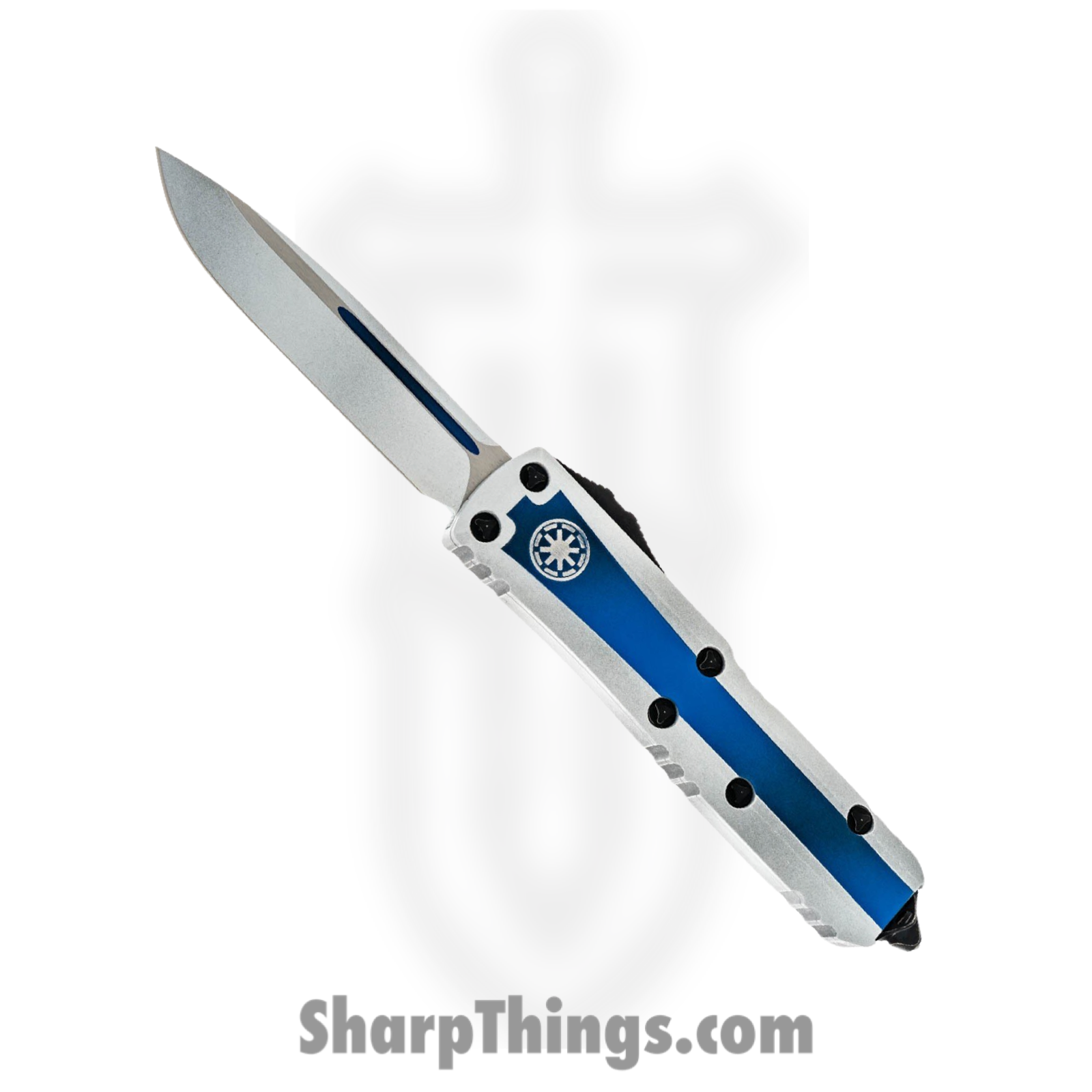 Microtech - 231-1CO - UTX-85 Clone Trooper - OTF Auto - Cerakote White Blue Drop Point - 6061 T6 Aluminum - White Blue