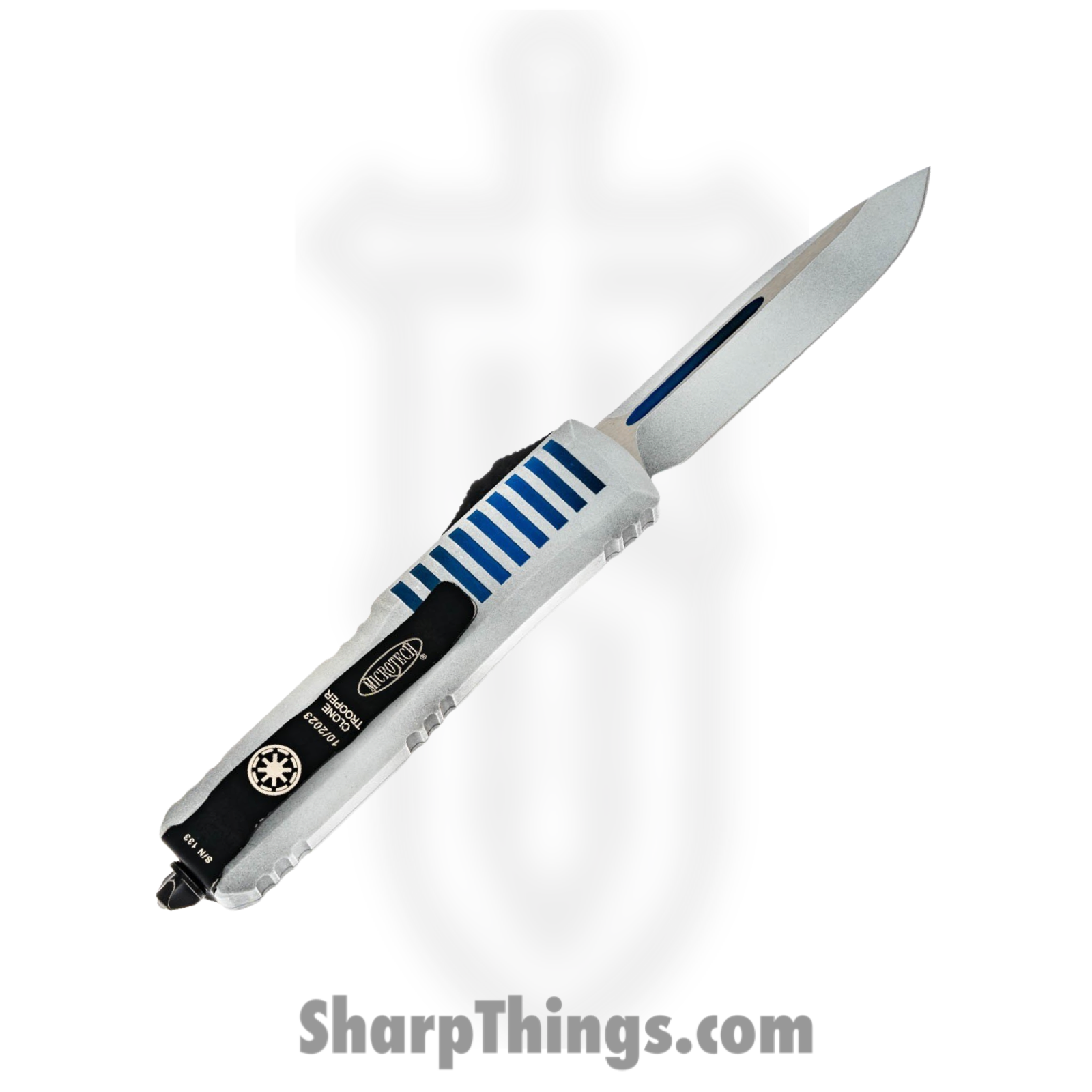 Microtech - 231-1CO - UTX-85 Clone Trooper - OTF Auto - Cerakote White Blue Drop Point - 6061 T6 Aluminum - White Blue - Image 2