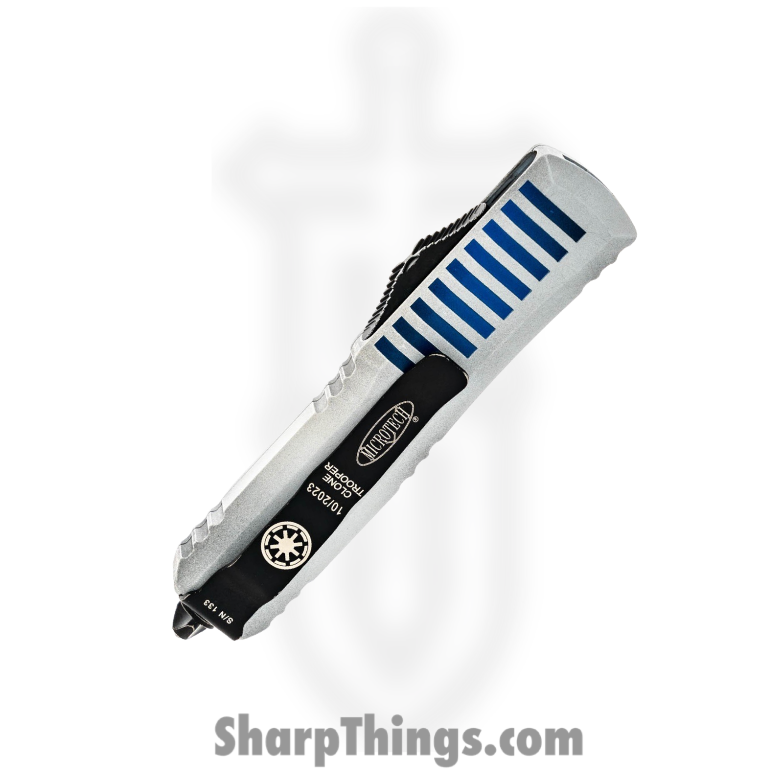 Microtech - 231-1CO - UTX-85 Clone Trooper - OTF Auto - Cerakote White Blue Drop Point - 6061 T6 Aluminum - White Blue - Image 4
