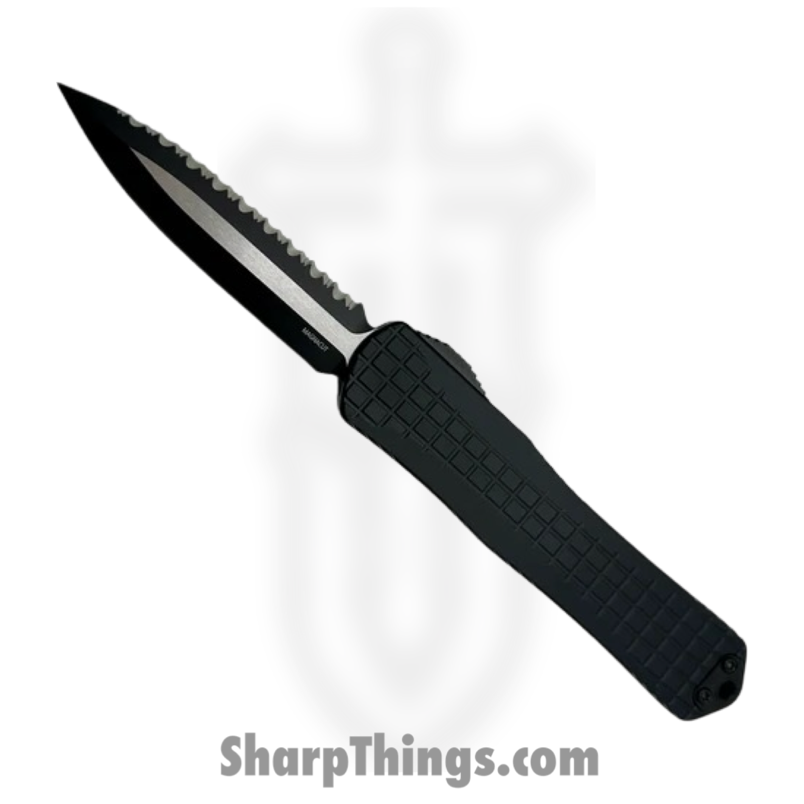 Heretic Knives - H032F-10C-T - Manticore X Full Serrated - OTF Auto - Magnacut Two Tone Black Dagger - Frag Aluminum - Black