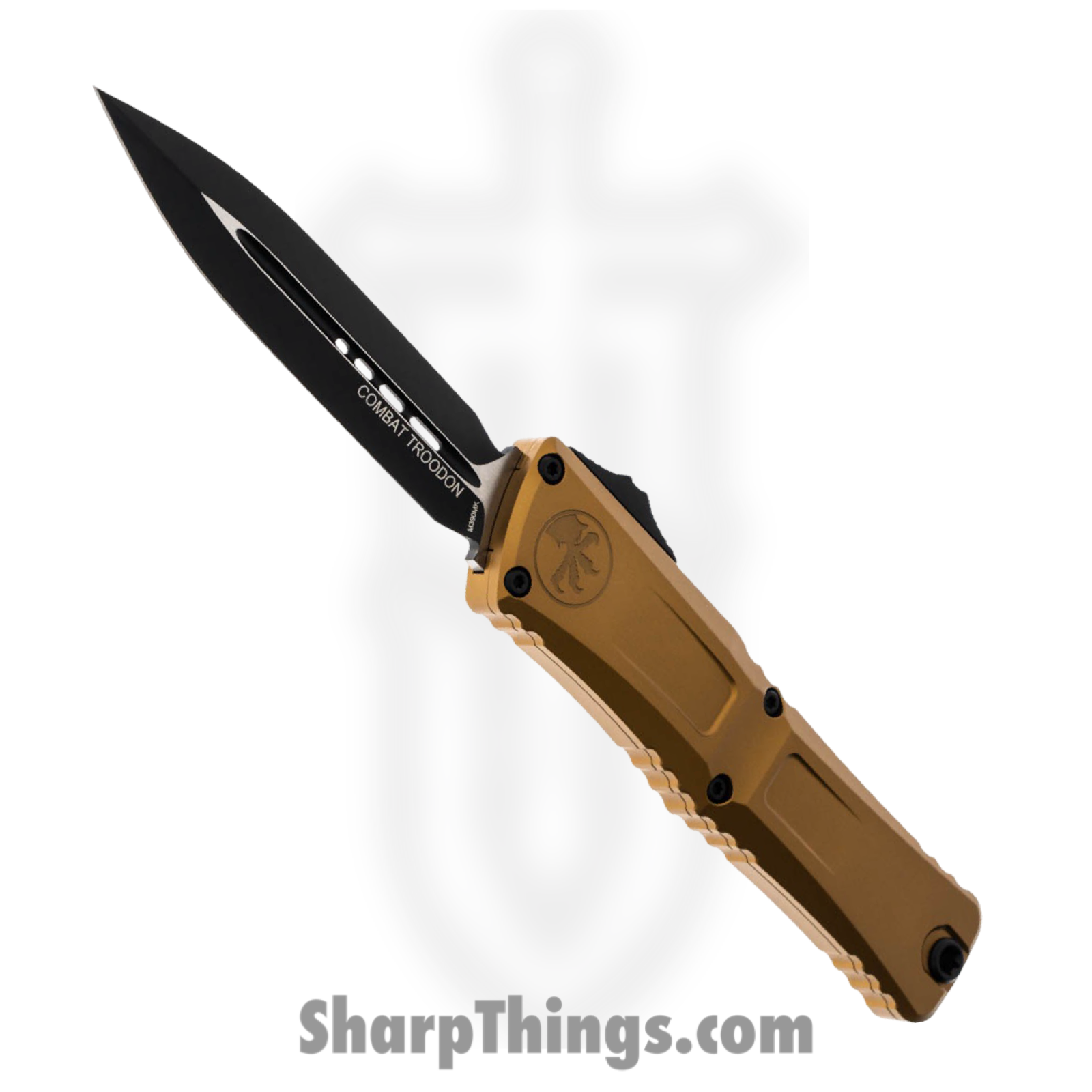 Microtech - 1142-1TA - Combat Troodon Gen III - OTF Auto - M390MK Black D/E - Deep Engraved Aircraft Aluminum - Tan