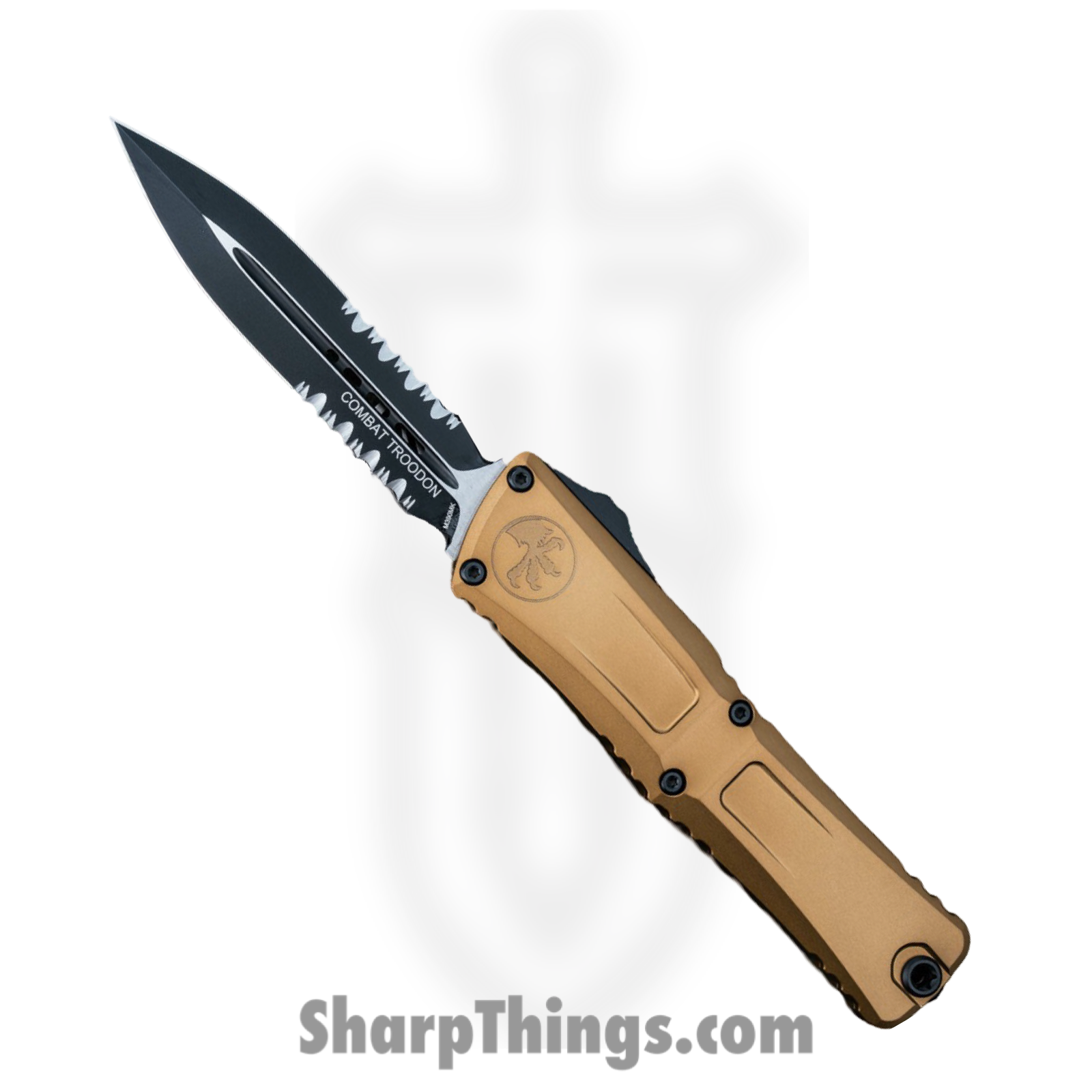Microtech - 1142-2TA - Combat Troodon Gen III - OTF Auto - M390MK Black D/E P/S - Deep Engraved Aircraft Aluminum - Tan