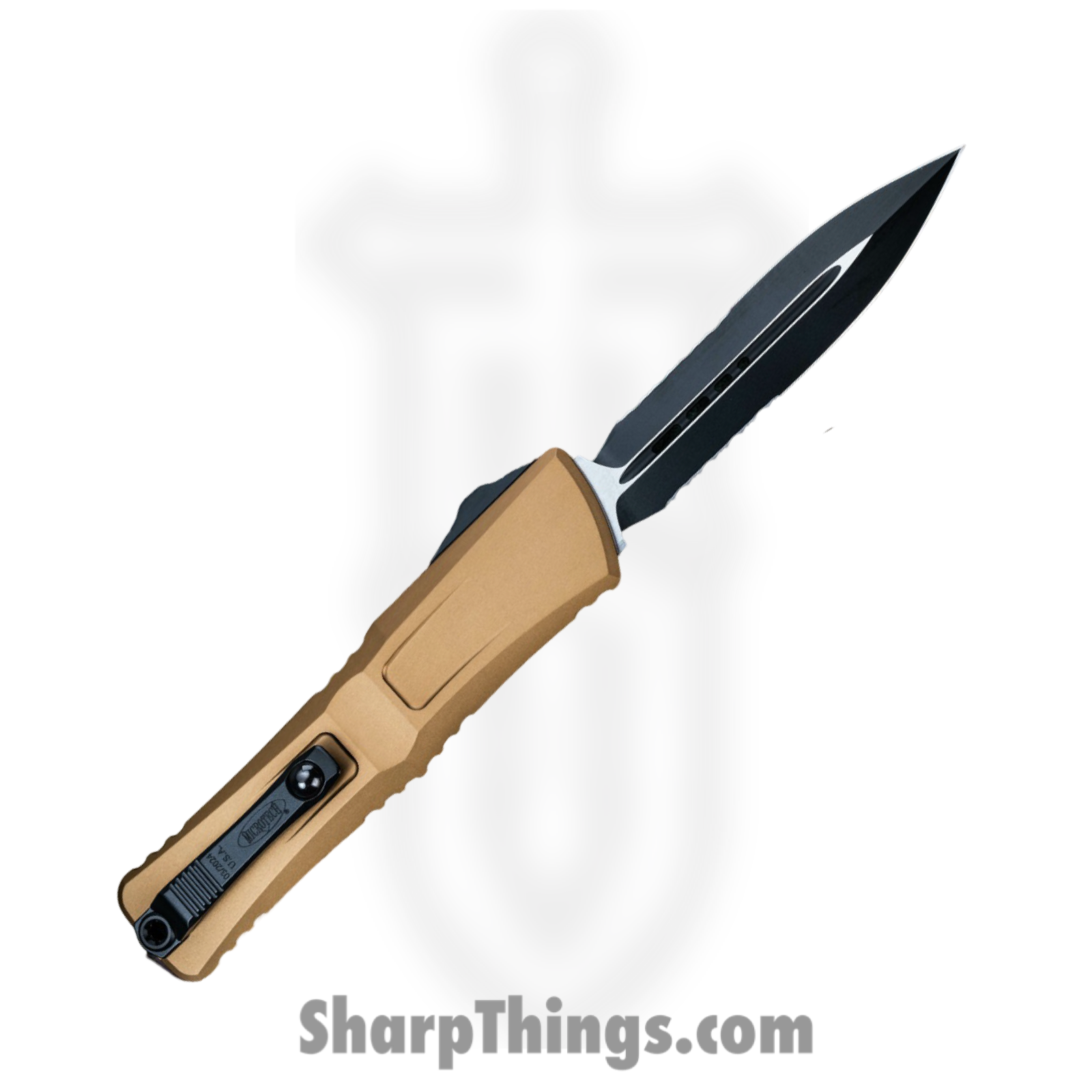 Microtech - 1142-2TA - Combat Troodon Gen III - OTF Auto - M390MK Black D/E P/S - Deep Engraved Aircraft Aluminum - Tan - Image 2