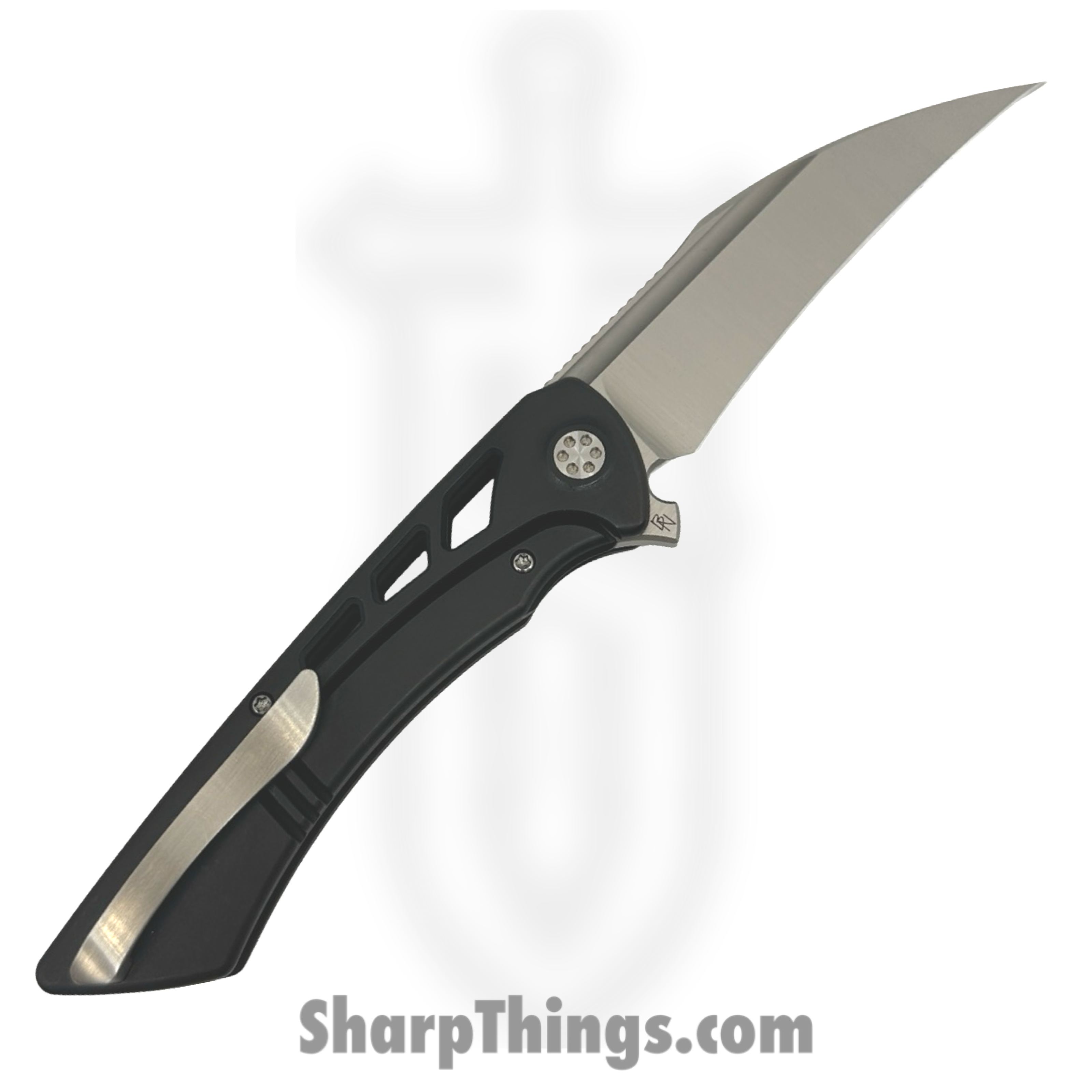 SharpByDesign - DER-BK-AS - Derecho - Folding Knife - Belt Satin M390 Hawkbill - Black Aspirated Ti - Black - Image 2