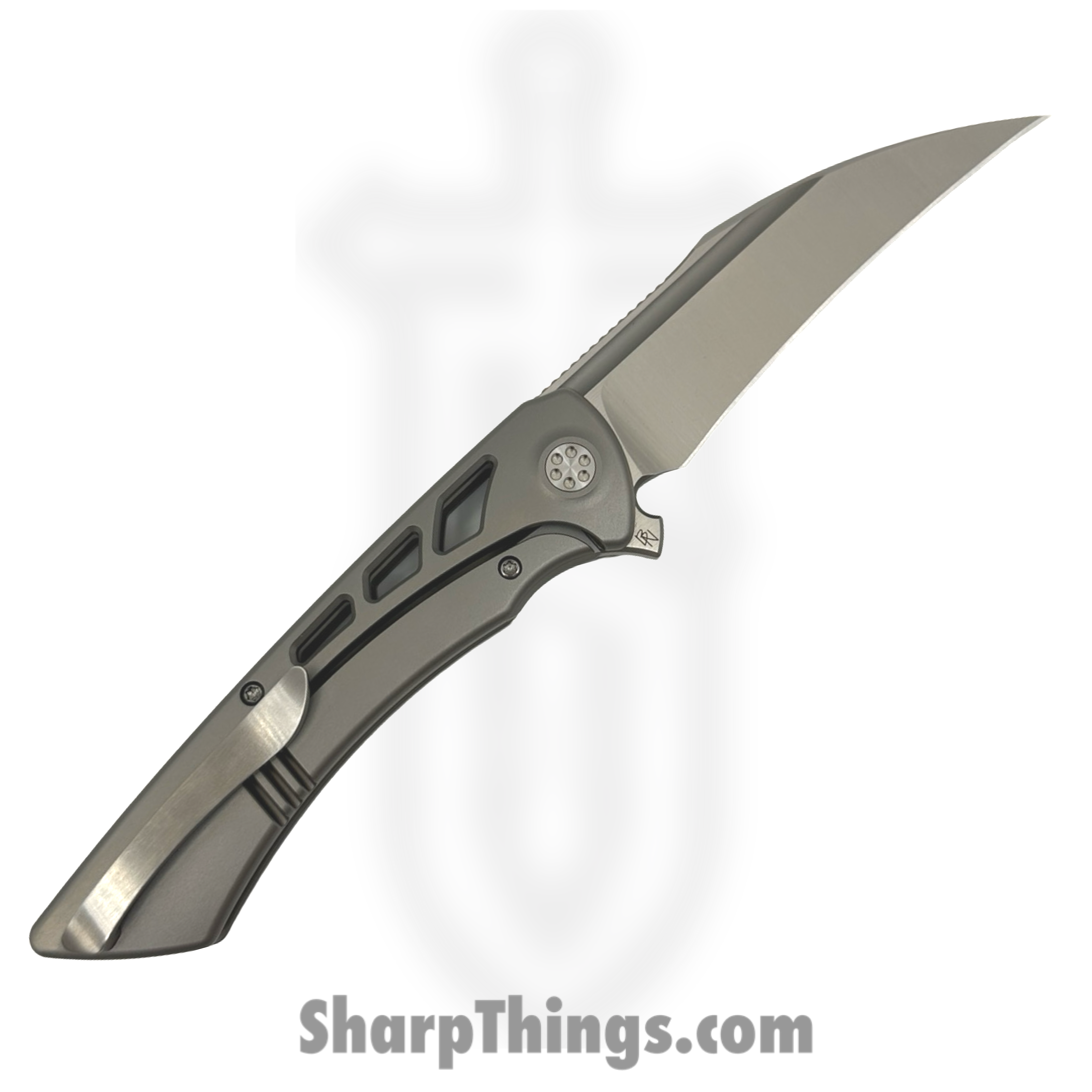 SharpByDesign - DER-GY-AS - Derecho - Folding Knife - Belt Satin M390 Hawkbill - Gray Zirc Blasted Aspirated Ti - Gray - Image 2