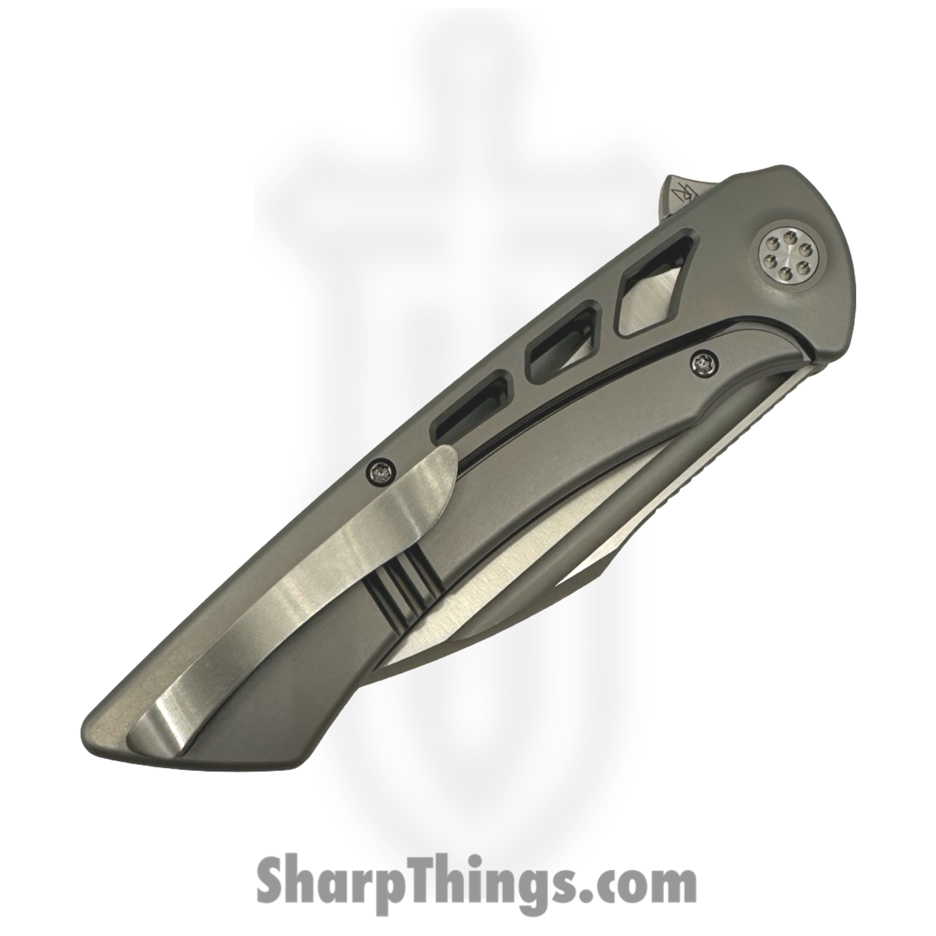 SharpByDesign - DER-GY-AS - Derecho - Folding Knife - Belt Satin M390 Hawkbill - Gray Zirc Blasted Aspirated Ti - Gray - Image 5