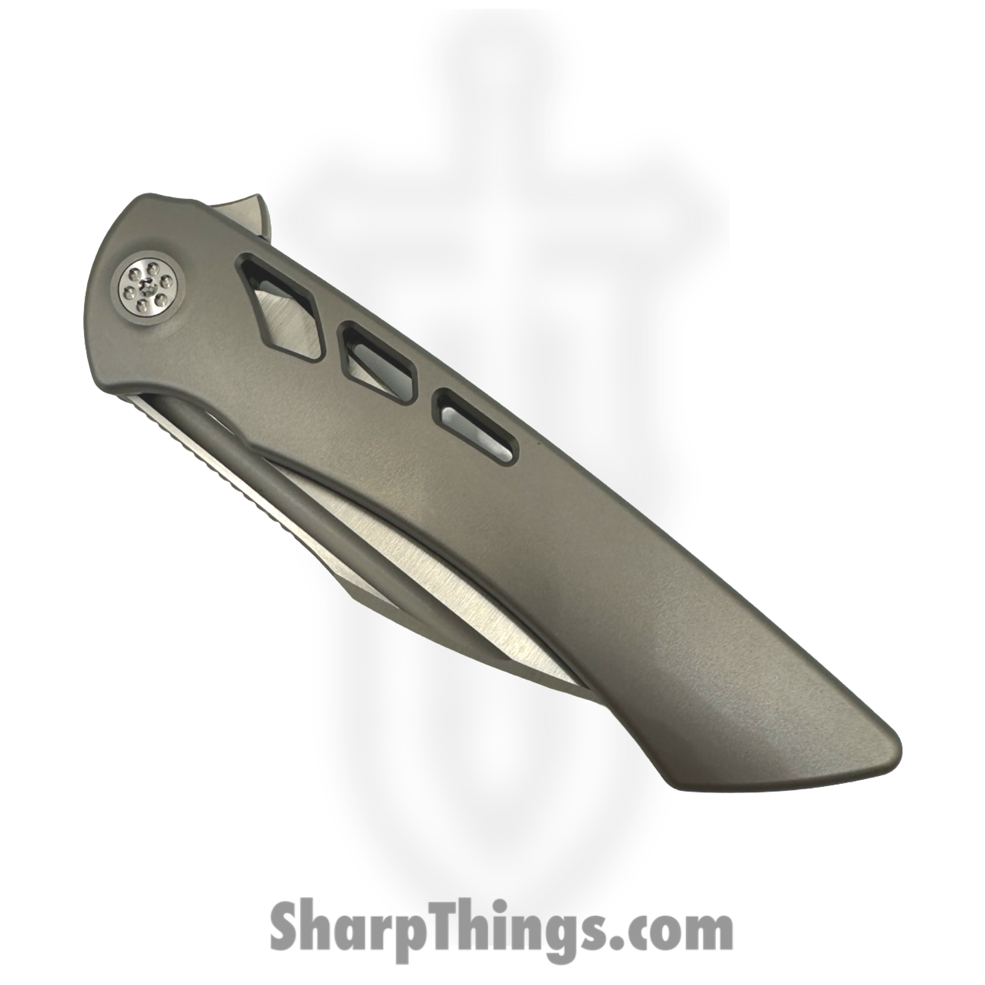 SharpByDesign - DER-GY-AS - Derecho - Folding Knife - Belt Satin M390 Hawkbill - Gray Zirc Blasted Aspirated Ti - Gray - Image 4