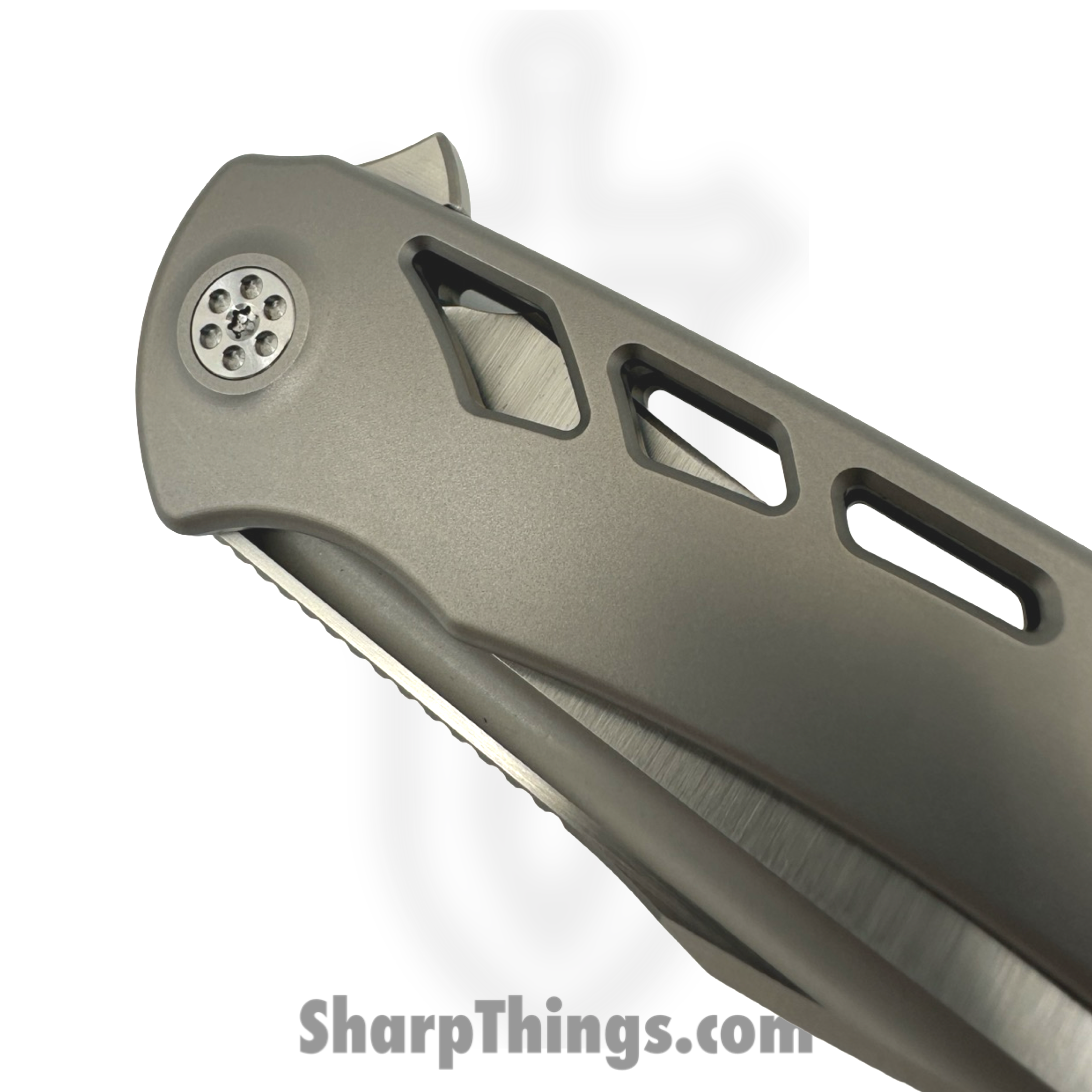 SharpByDesign - DER-GY-AS - Derecho - Folding Knife - Belt Satin M390 Hawkbill - Gray Zirc Blasted Aspirated Ti - Gray - Image 3