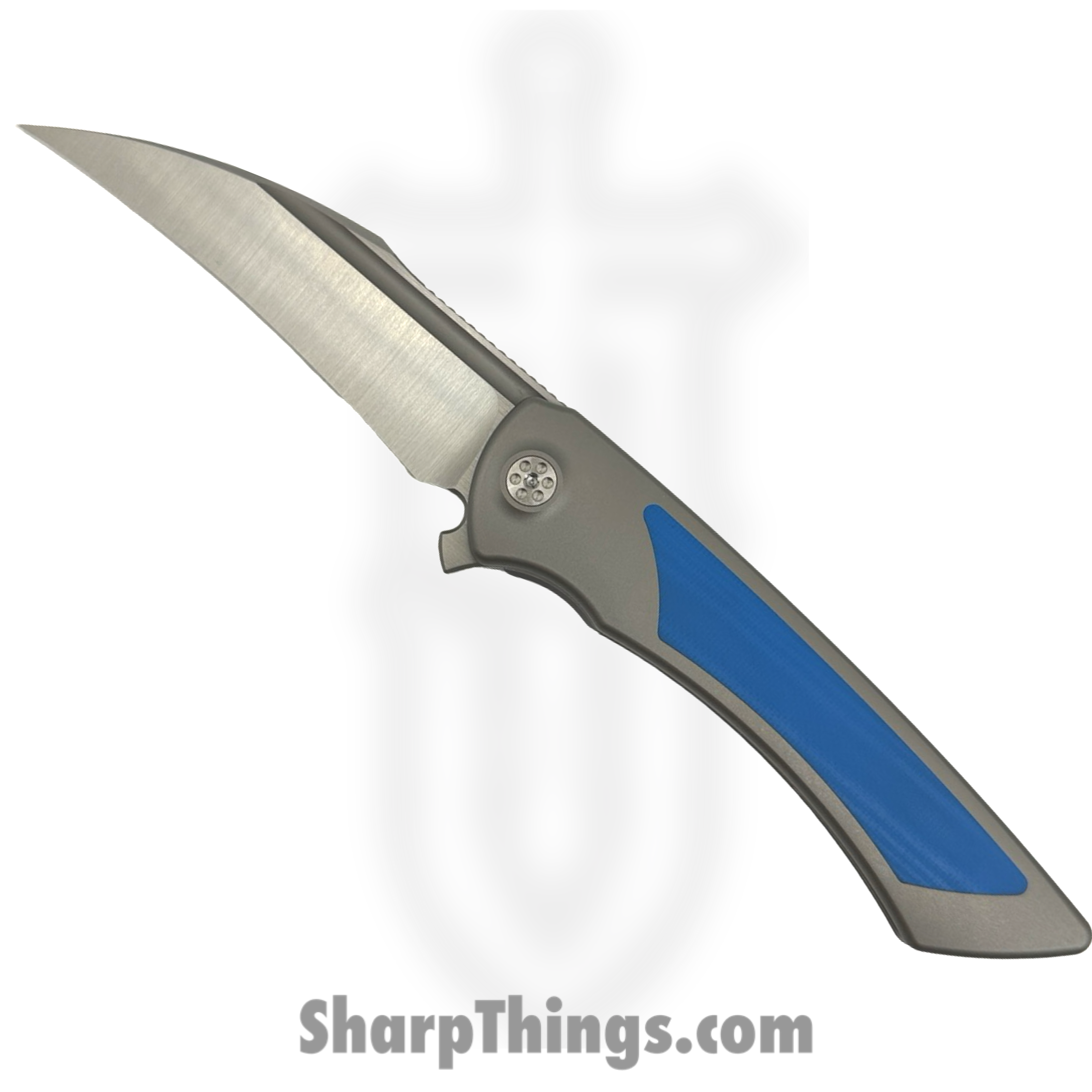 SharpByDesign - DER-GY-BL - Derecho - Folding Knife - Belt Satin M390 Hawkbill - Gray Zirc Blasted Ti w Blue G-10 - Blue