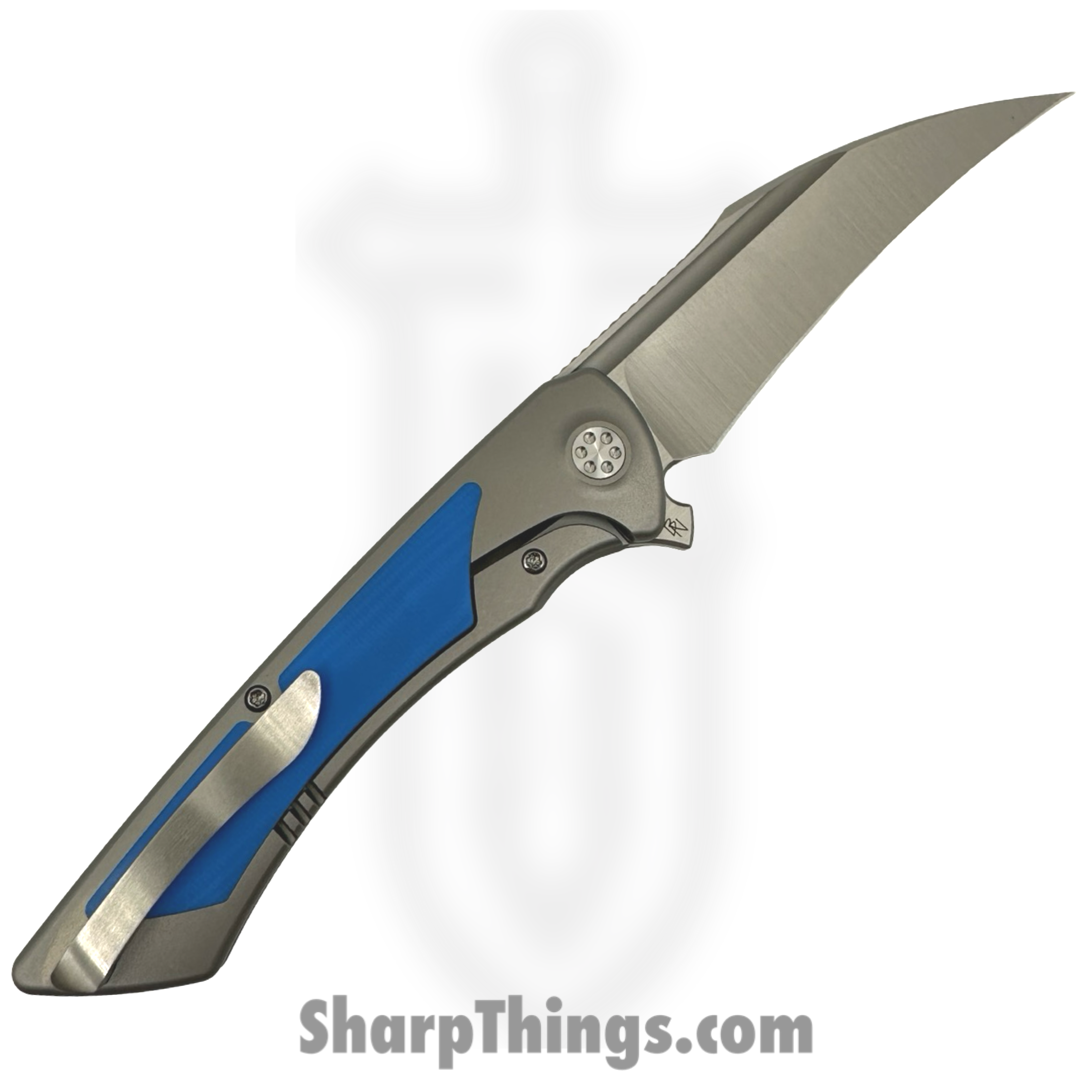 SharpByDesign - DER-GY-BL - Derecho - Folding Knife - Belt Satin M390 Hawkbill - Gray Zirc Blasted Ti w Blue G-10 - Blue - Image 2