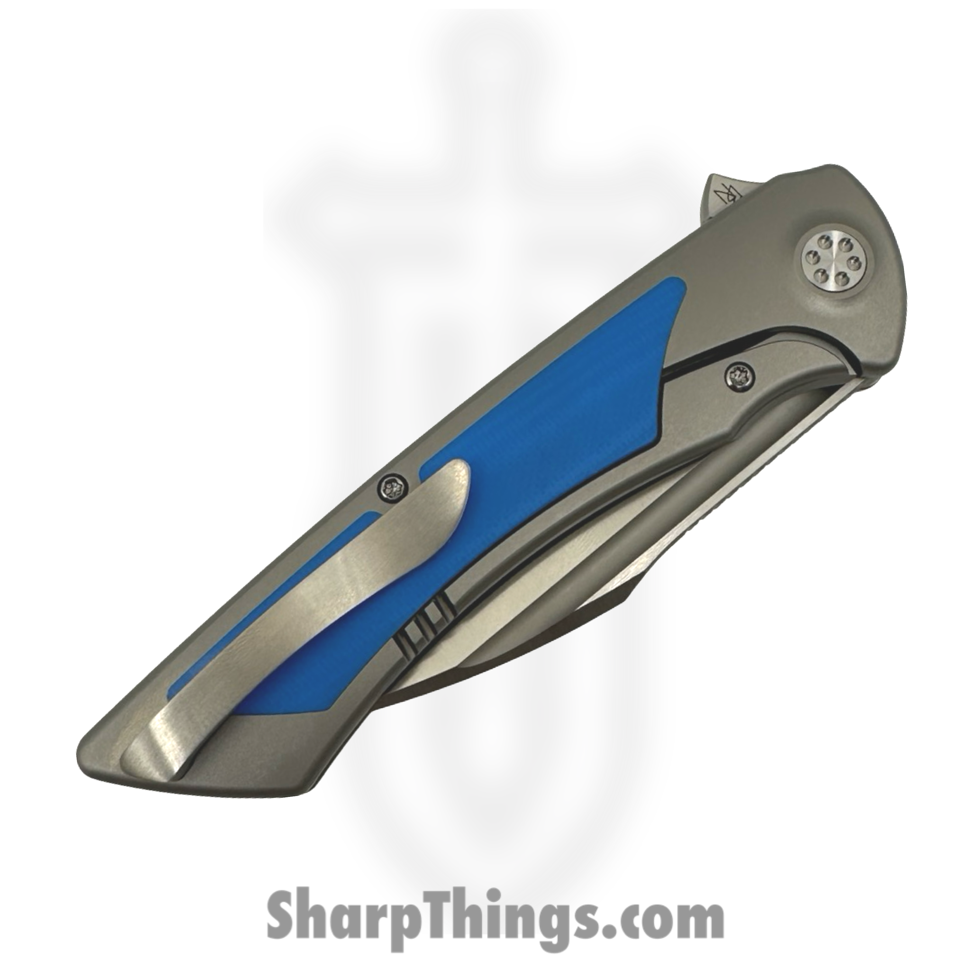 SharpByDesign - DER-GY-BL - Derecho - Folding Knife - Belt Satin M390 Hawkbill - Gray Zirc Blasted Ti w Blue G-10 - Blue - Image 5