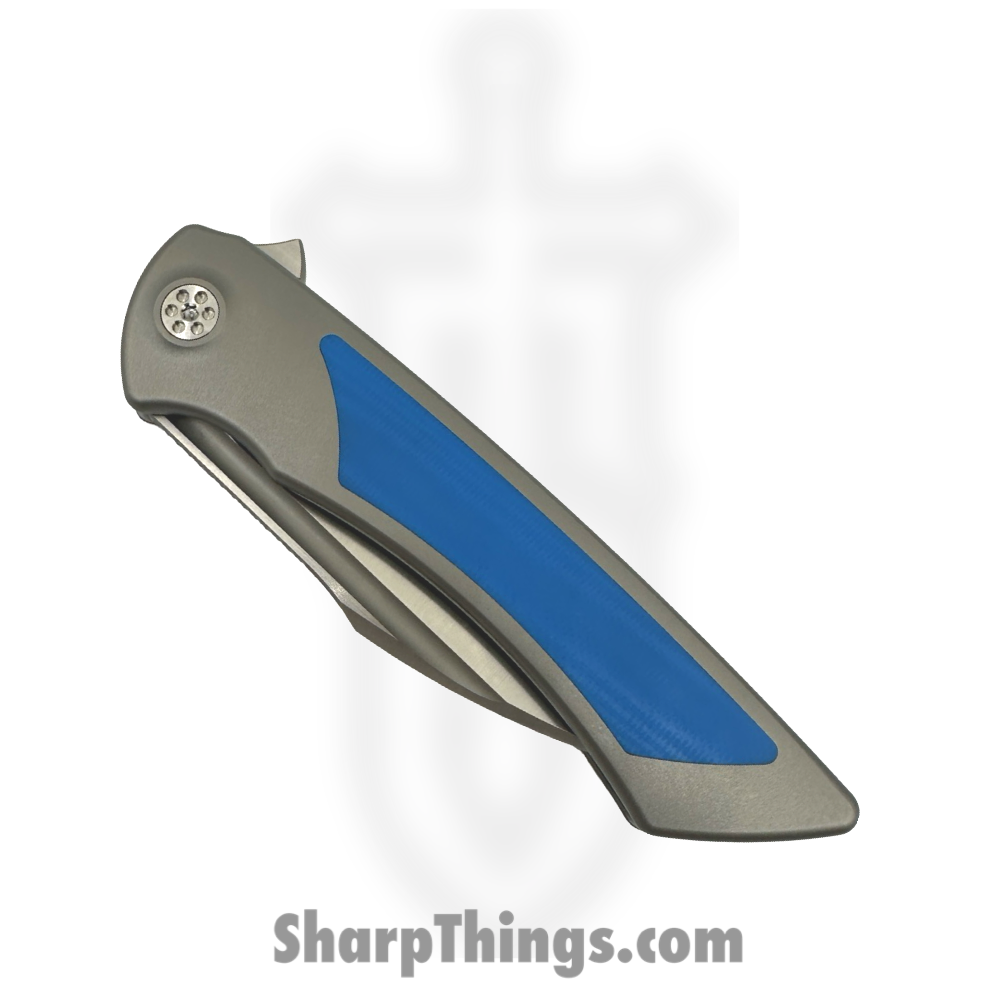 SharpByDesign - DER-GY-BL - Derecho - Folding Knife - Belt Satin M390 Hawkbill - Gray Zirc Blasted Ti w Blue G-10 - Blue - Image 4