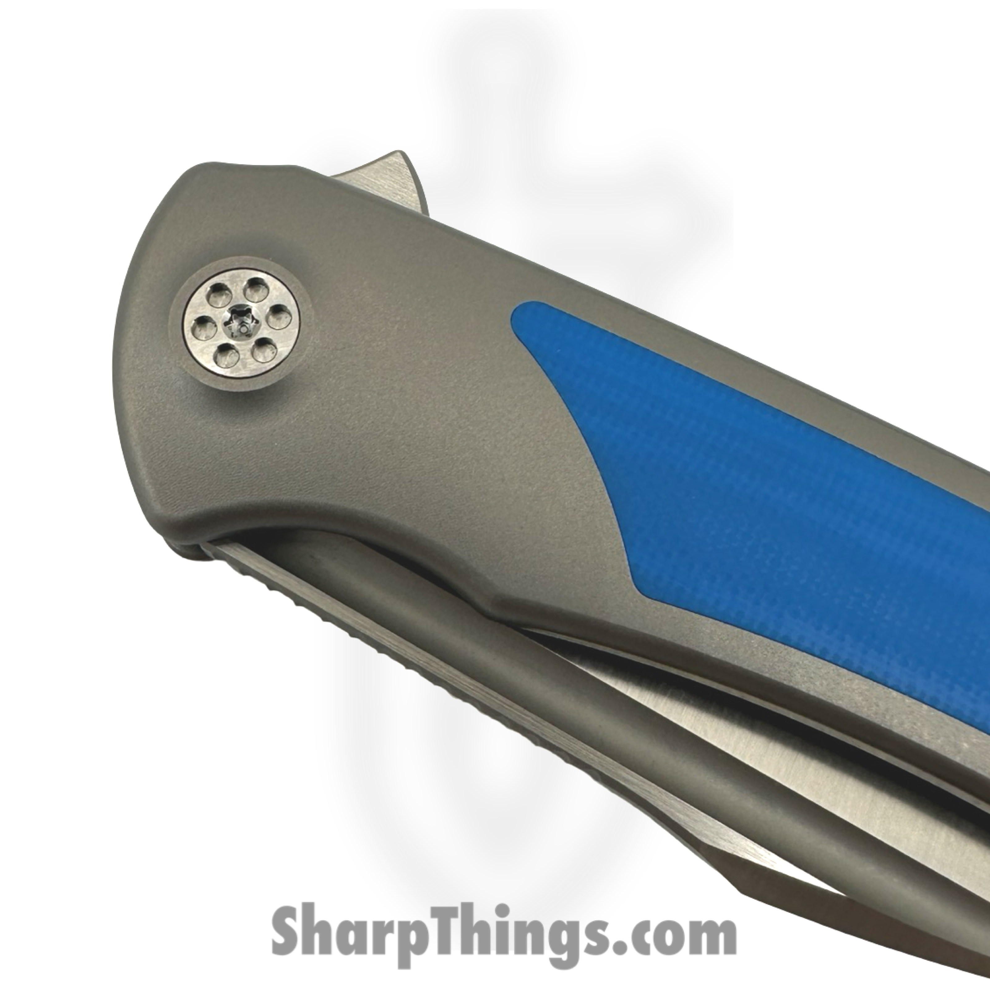 SharpByDesign - DER-GY-BL - Derecho - Folding Knife - Belt Satin M390 Hawkbill - Gray Zirc Blasted Ti w Blue G-10 - Blue - Image 3