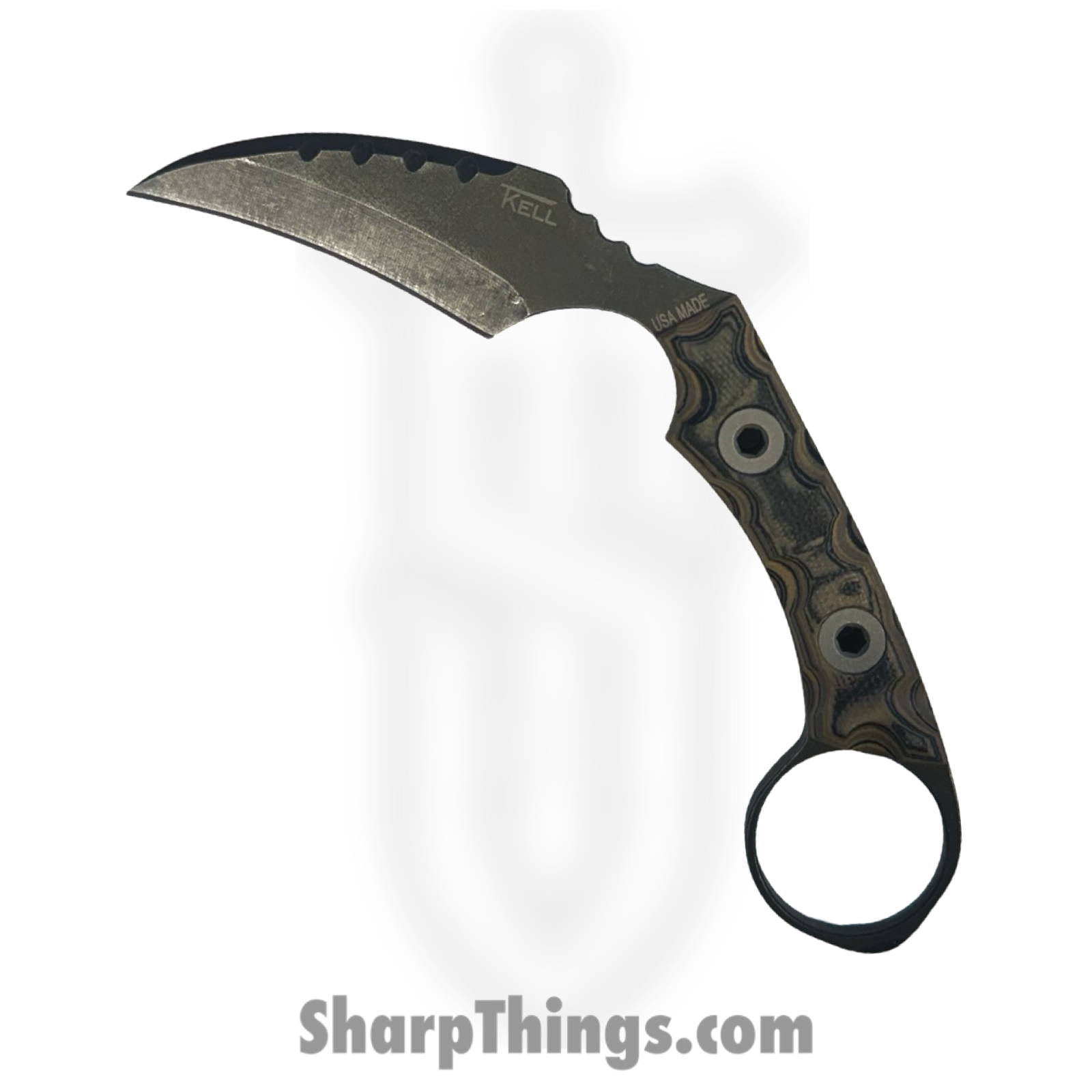 T.Kell Knives - FLNRnWoodgrn - FLN Integral Ring Black Recon - Fixed Blade Knife - 80crv2 Coated Hawkbill - G10 - Woodgrain