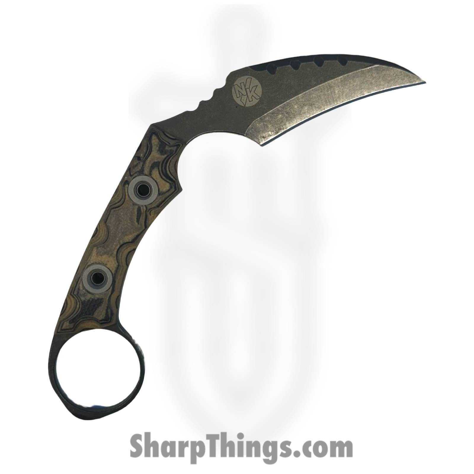 T.Kell Knives - FLNRnWoodgrn - FLN Integral Ring Black Recon - Fixed Blade Knife - 80crv2 Coated Hawkbill - G10 - Woodgrain - Image 2