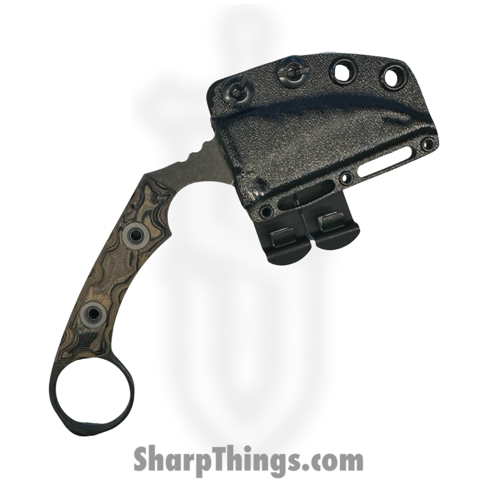 T.Kell Knives - FLNRnWoodgrn - FLN Integral Ring Black Recon - Fixed Blade Knife - 80crv2 Coated Hawkbill - G10 - Woodgrain - Image 3