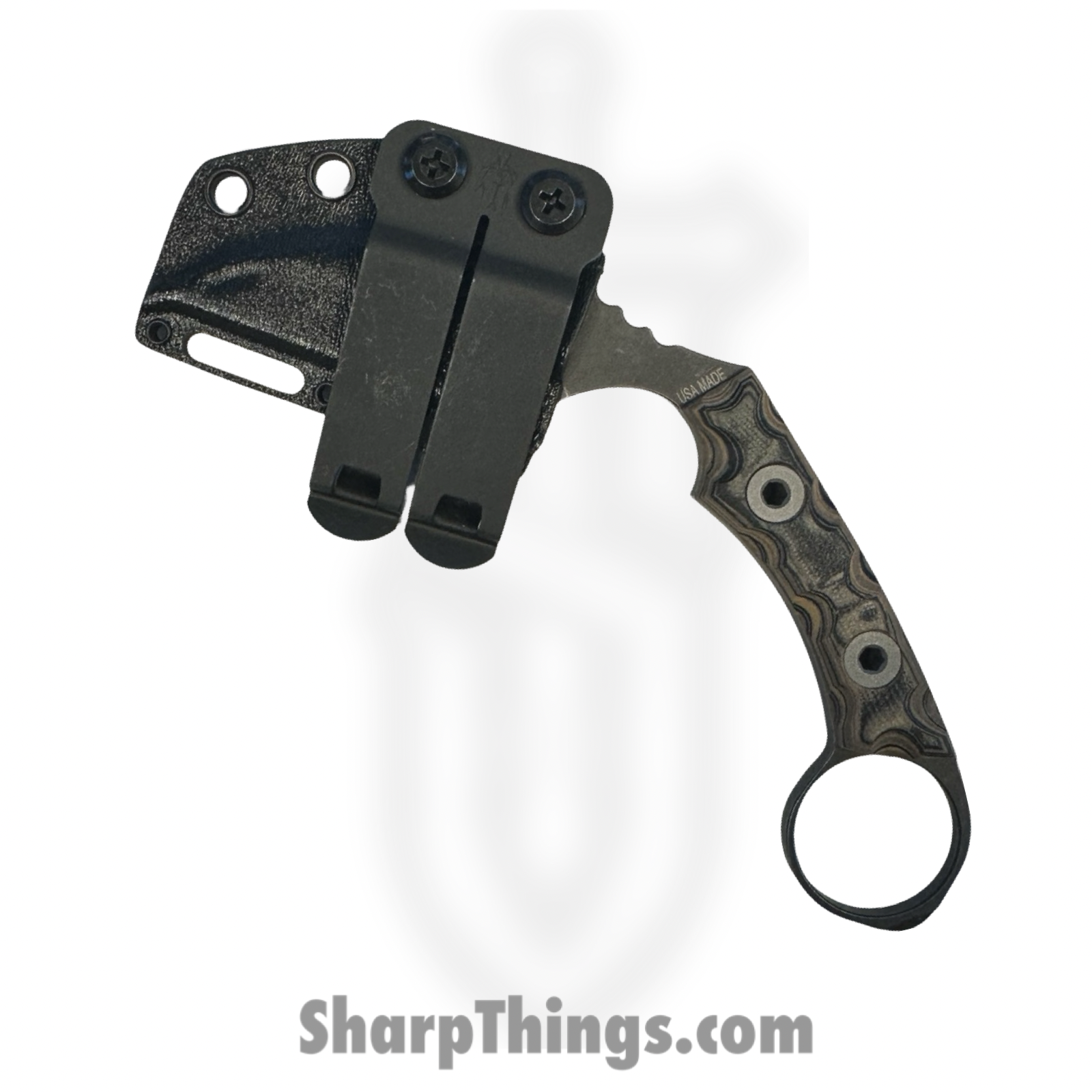 T.Kell Knives - FLNRnWoodgrn - FLN Integral Ring Black Recon - Fixed Blade Knife - 80crv2 Coated Hawkbill - G10 - Woodgrain - Image 4