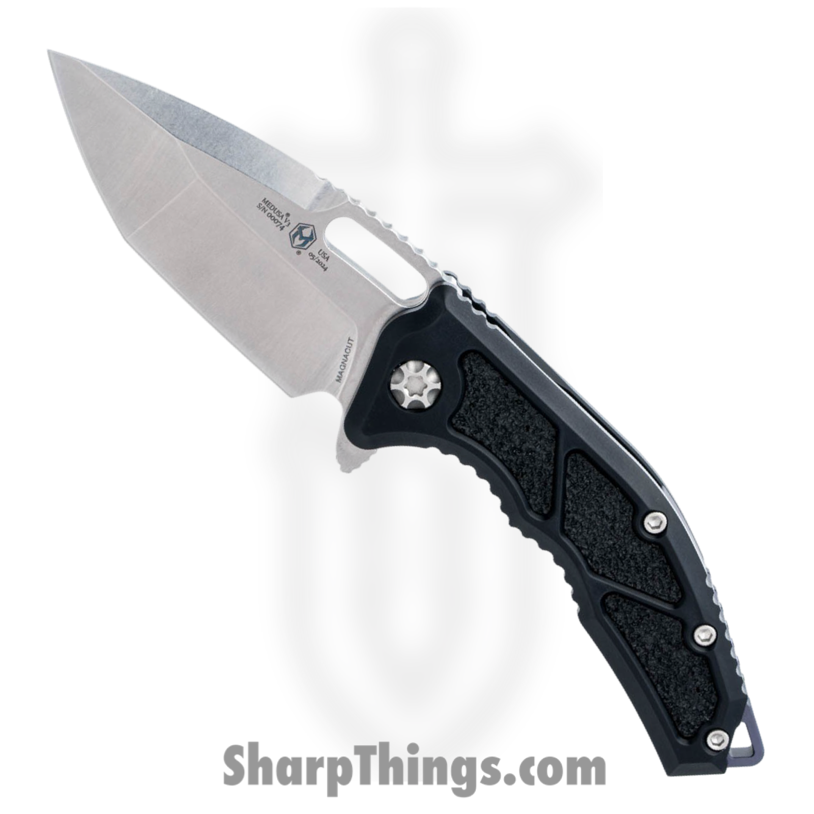Heretic Knives - H009-2A - Medusa - Folding Knife - MagnaCut Stonewash Tanto - Aluminum with Grip Inlay - Black