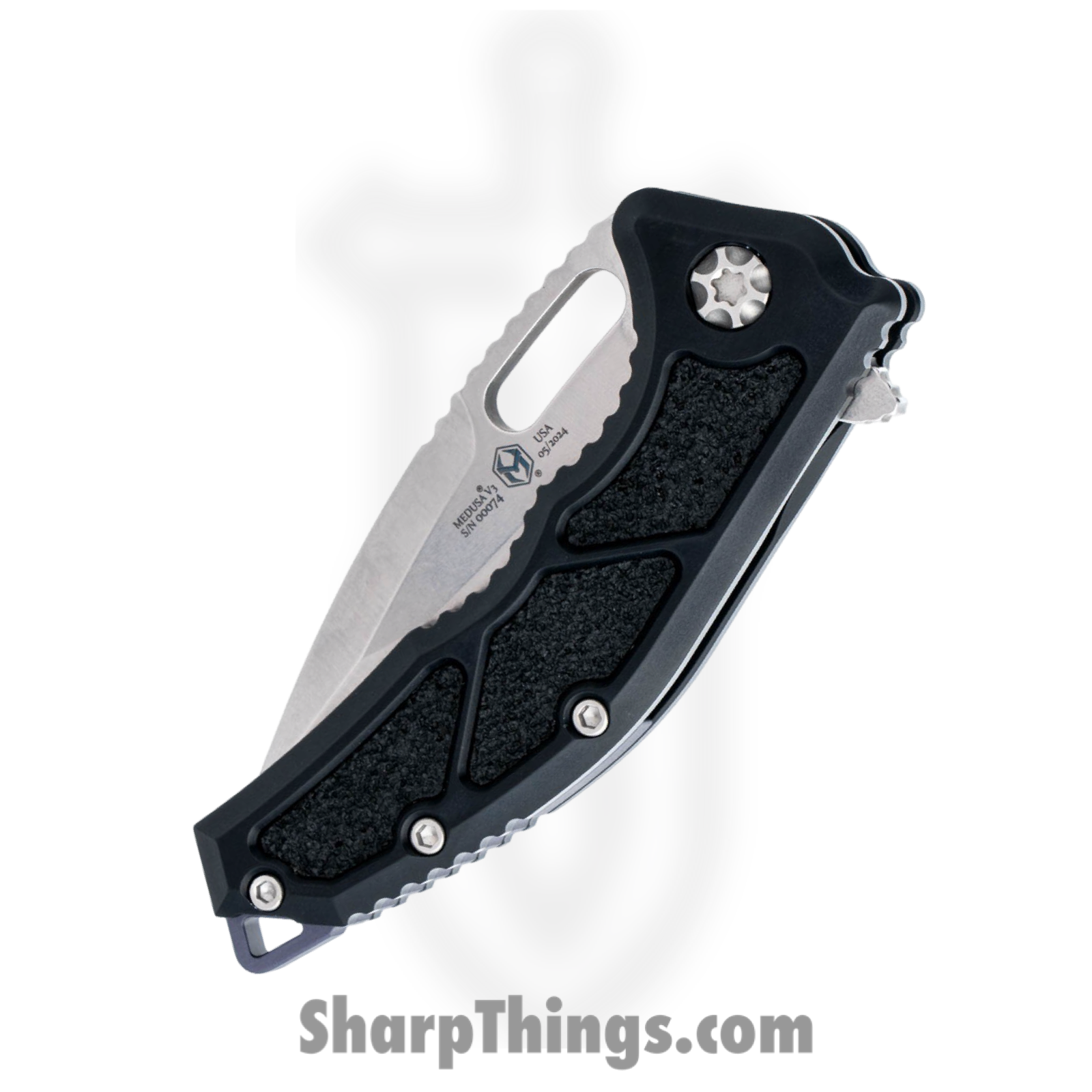 Heretic Knives - H009-2A - Medusa - Folding Knife - MagnaCut Stonewash Tanto - Aluminum with Grip Inlay - Black - Image 4