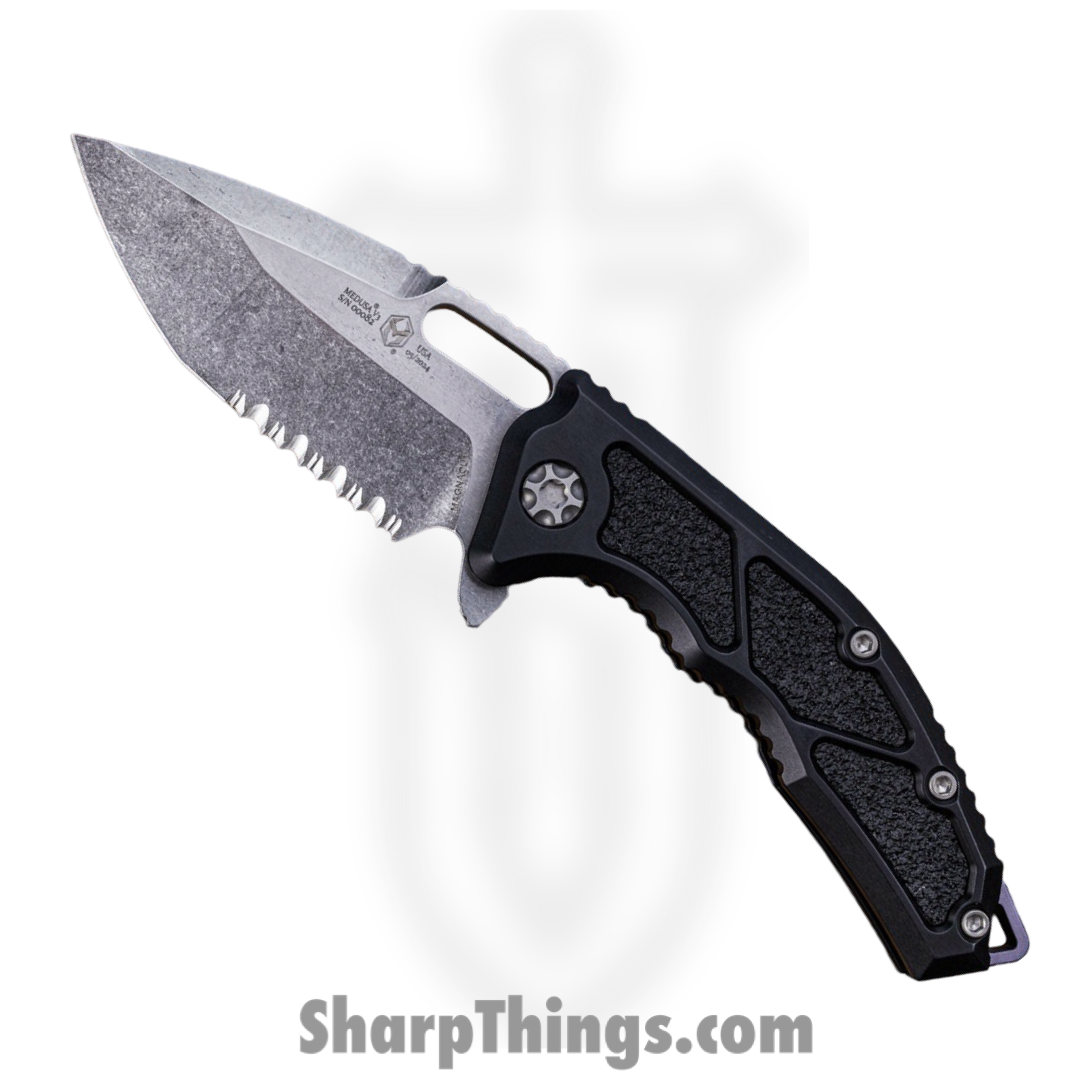 Heretic Knives - H009-2B - Medusa - Folding Knife - MagnaCut Stonewash Tanto Serrated - Aluminum with Grip Inlay - Black