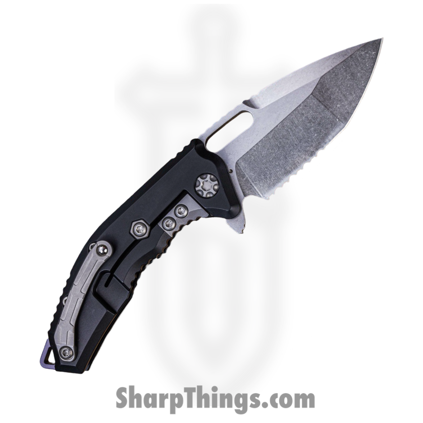 Heretic Knives - H009-2B - Medusa - Folding Knife - MagnaCut Stonewash Tanto Serrated - Aluminum with Grip Inlay - Black - Image 2