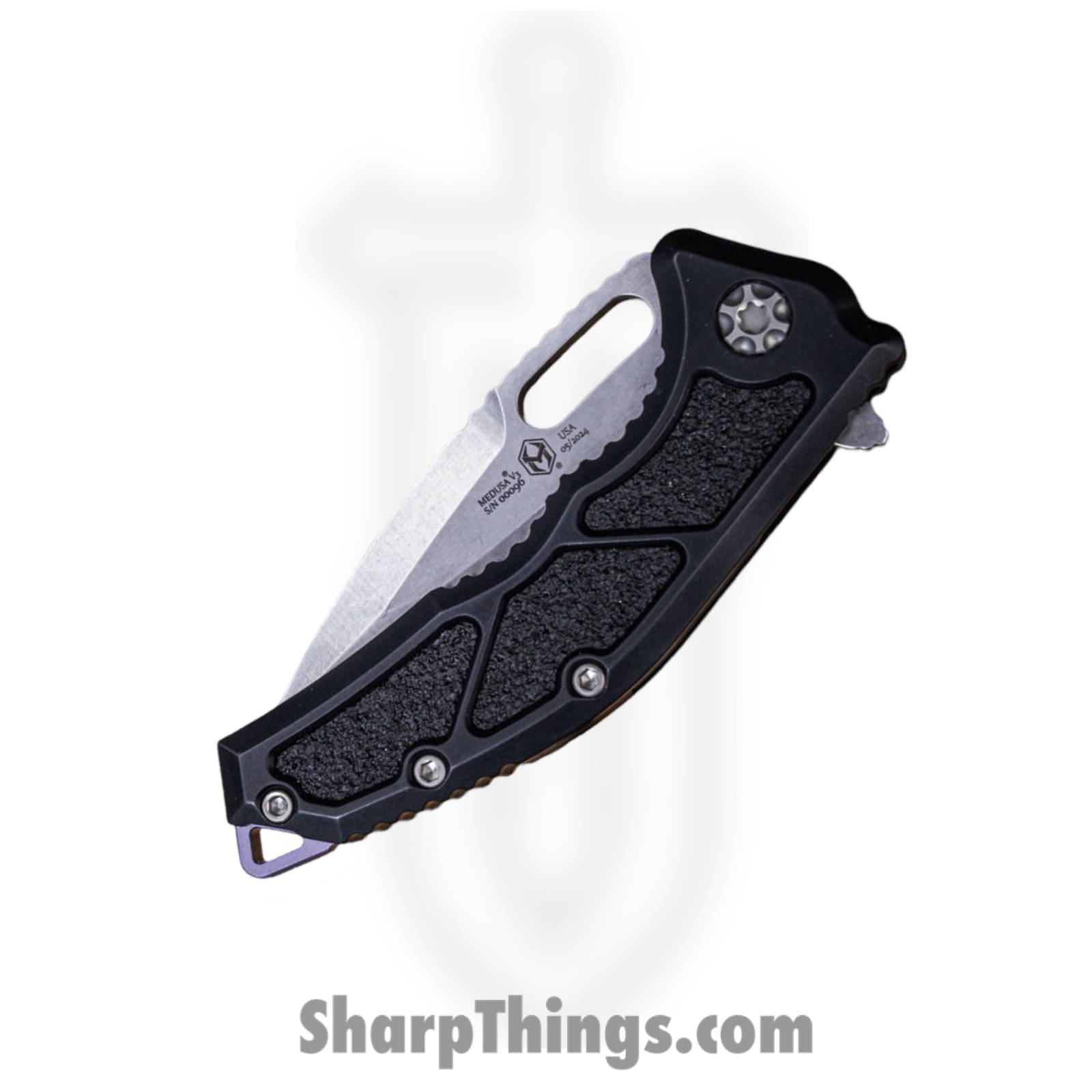 Heretic Knives - H009-2B - Medusa - Folding Knife - MagnaCut Stonewash Tanto Serrated - Aluminum with Grip Inlay - Black - Image 3