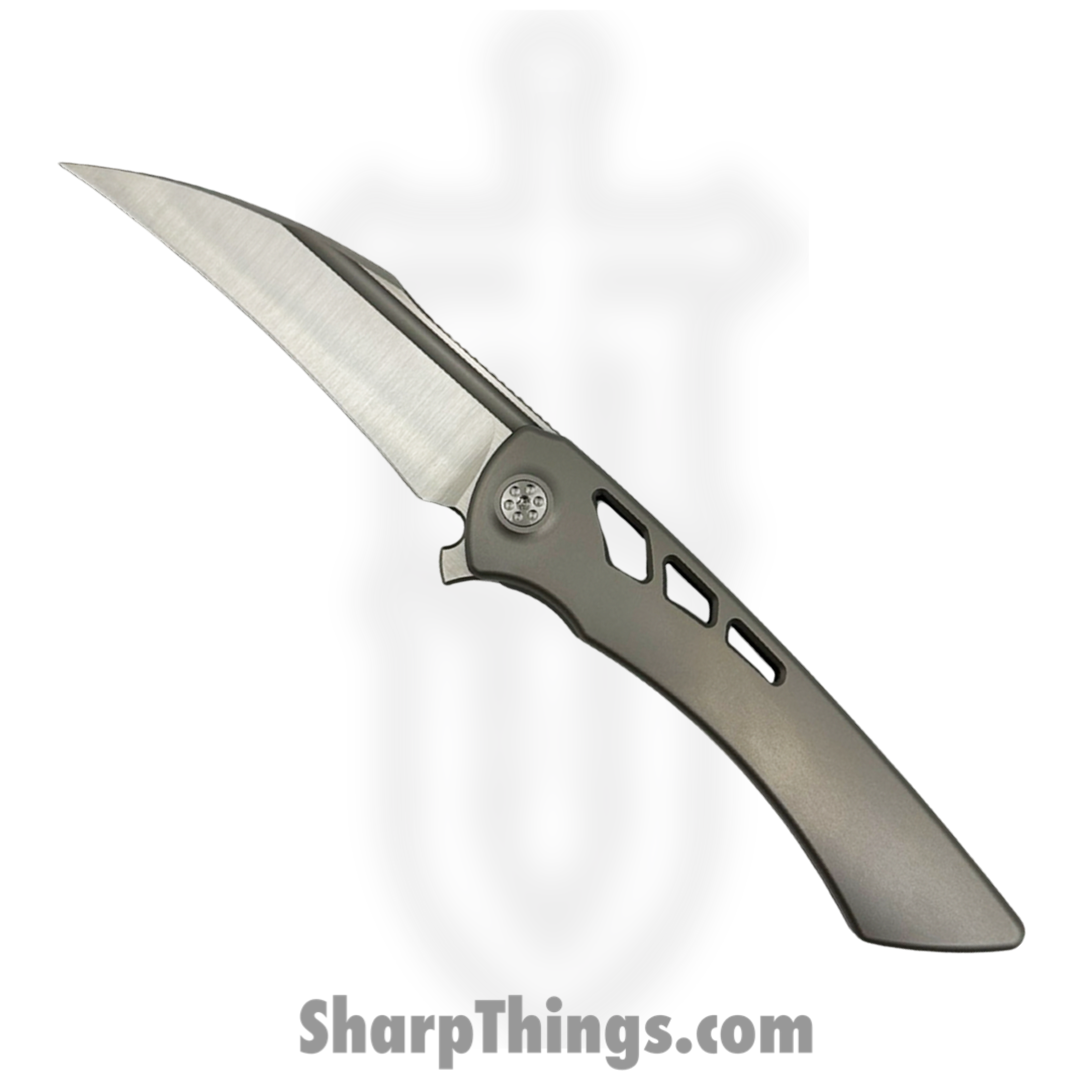SharpByDesign - DER-GY-AS - Derecho - Folding Knife - Belt Satin M390 Hawkbill - Gray Zirc Blasted Aspirated Ti - Gray
