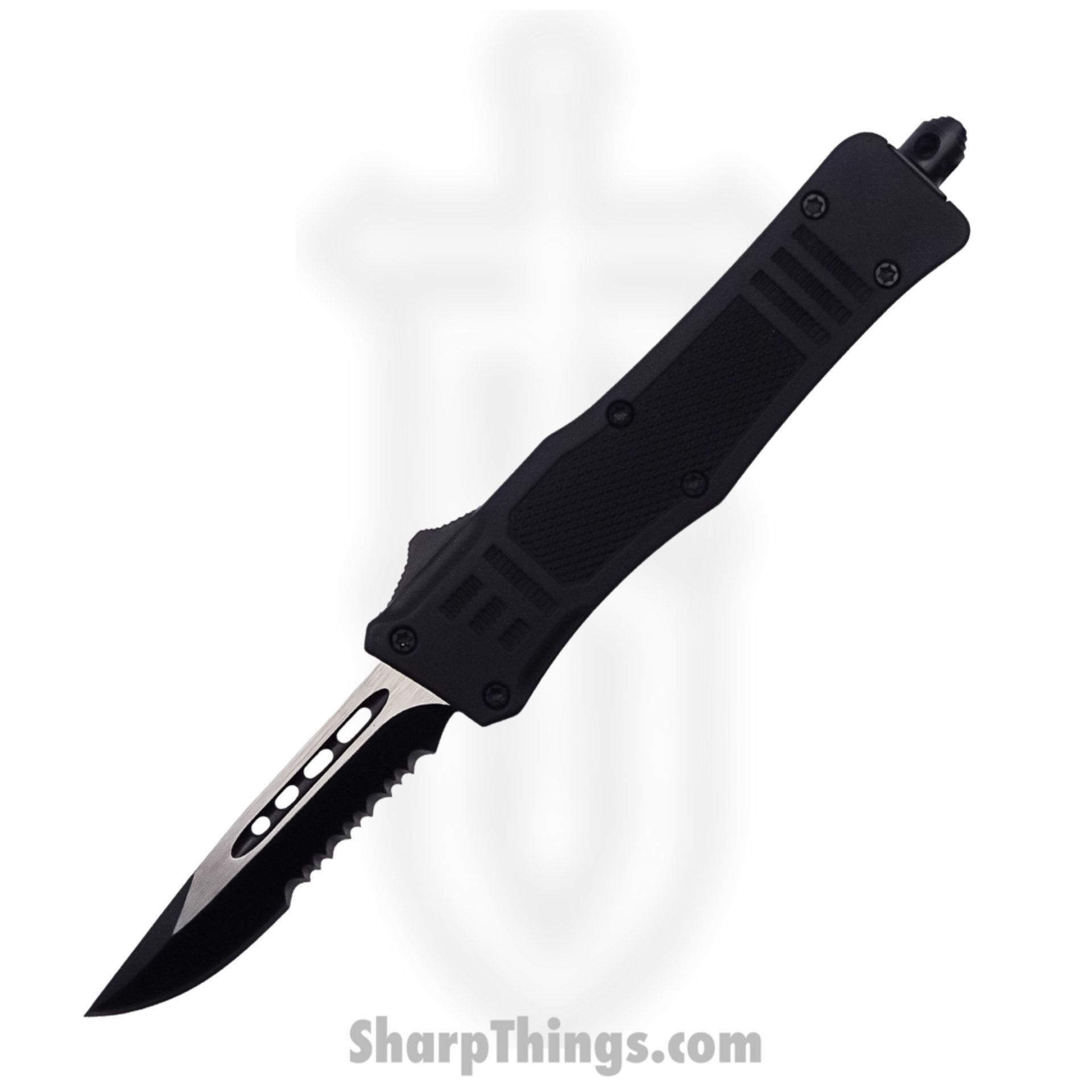 Steel River Knives - SB618DSBK - Midway OTF Auto - 440 2 Tone Serrated Drop Point - Black