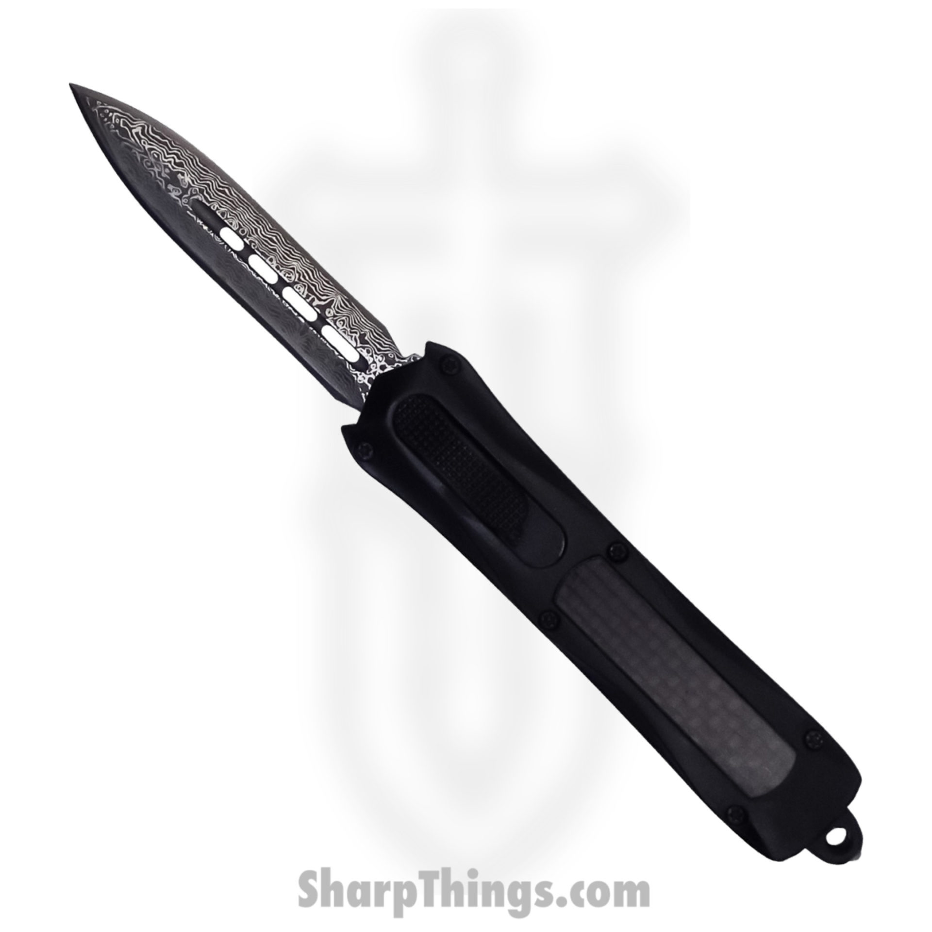 Steel River Knives - SBA163GDSDBK - Mini Sidewinder OTF Auto - 440 2 Tone Damascus Dagger Serrated - Black