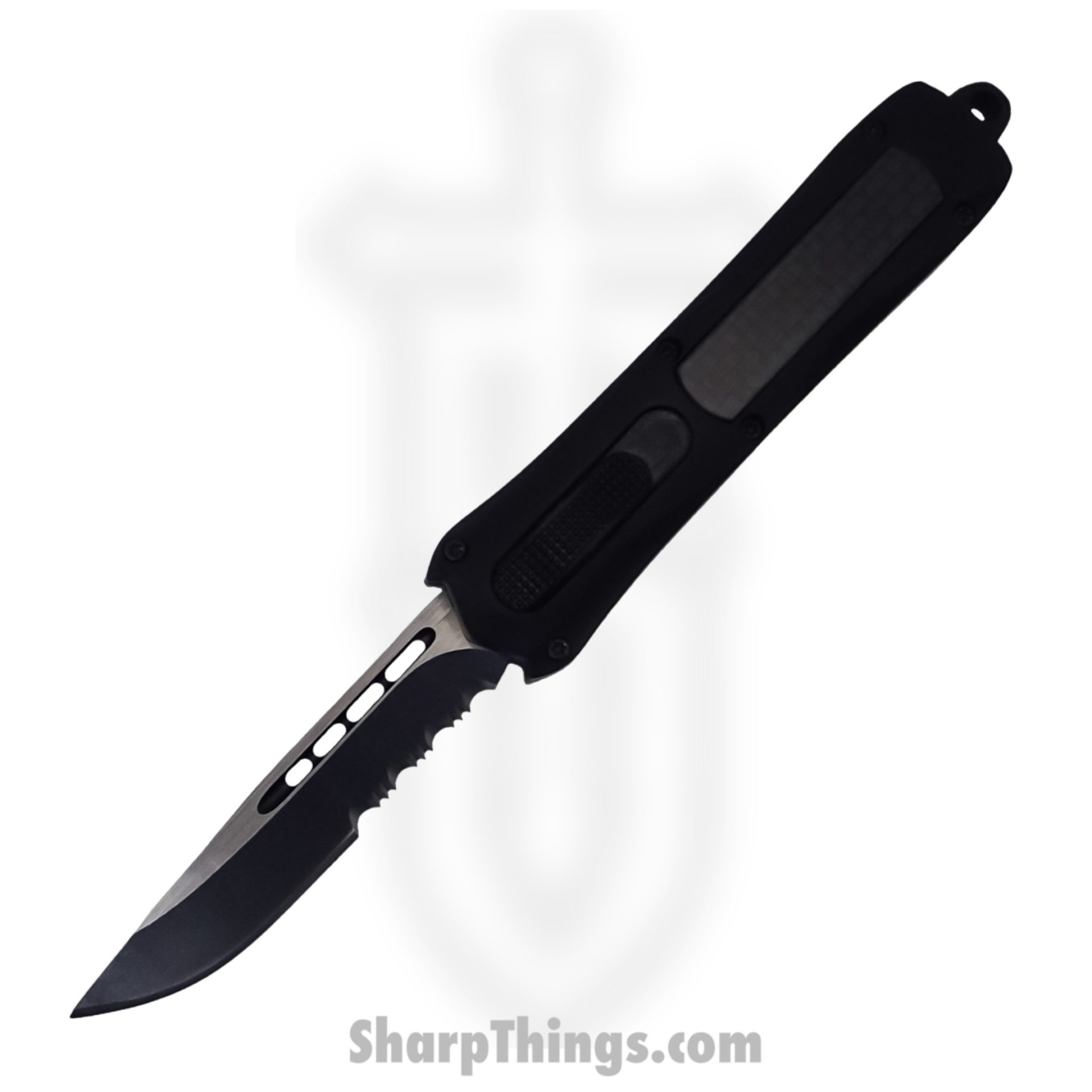 Steel River Knives - SBA163DSBK - Mini Sidewinder OTF Auto - 440 2 Tone Serrated Drop Point - Black