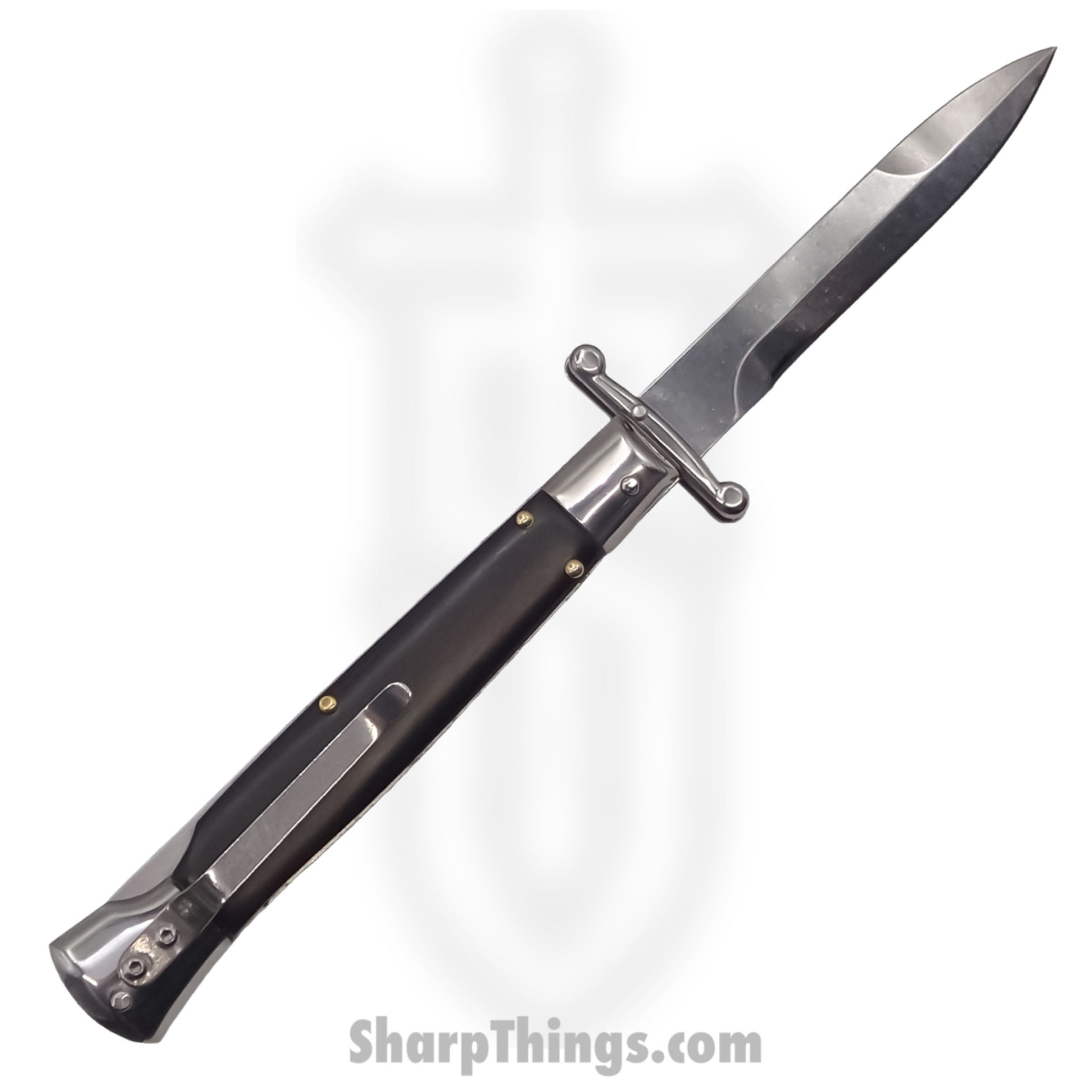 Steel River Knives - SBSGPMBH - Premium 9in Stiletto - Swinguard Lockback Auto - 440 Clip Point - Black Horn