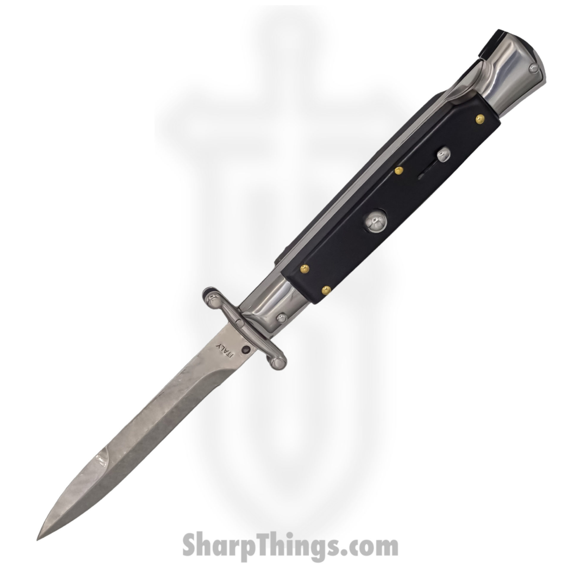 Steel River Knives - SBSGPMBH - Premium 9in Stiletto - Swinguard Lockback Auto - 440 Clip Point - Black Horn - Image 4