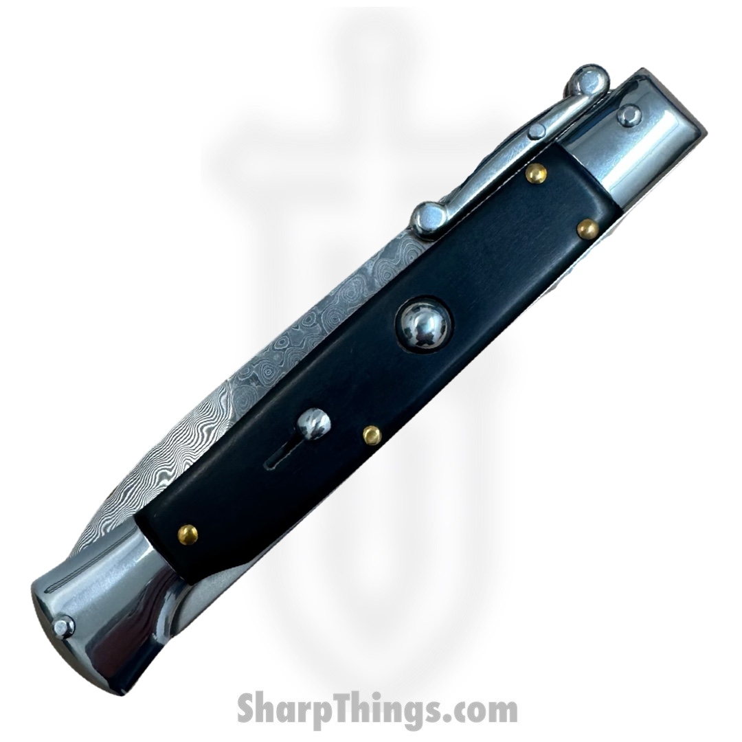 Steel River Knives - SBSGPMDBH - Premium 9in Stiletto - Swinguard Lockback Auto - 440 Damascus Clip Point - Black Horn - Image 3