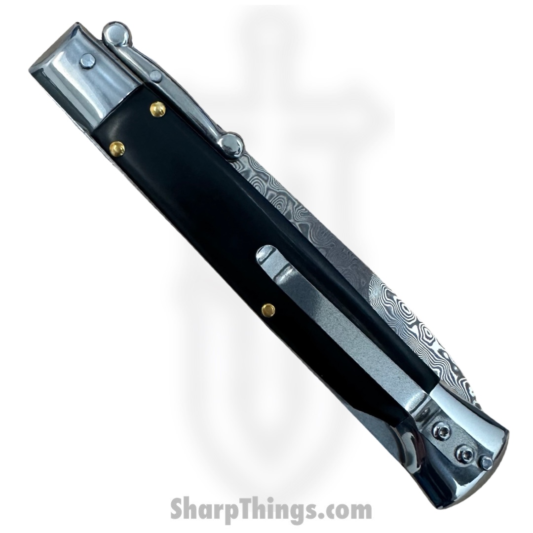 Steel River Knives - SBSGPMDBH - Premium 9in Stiletto - Swinguard Lockback Auto - 440 Damascus Clip Point - Black Horn - Image 2