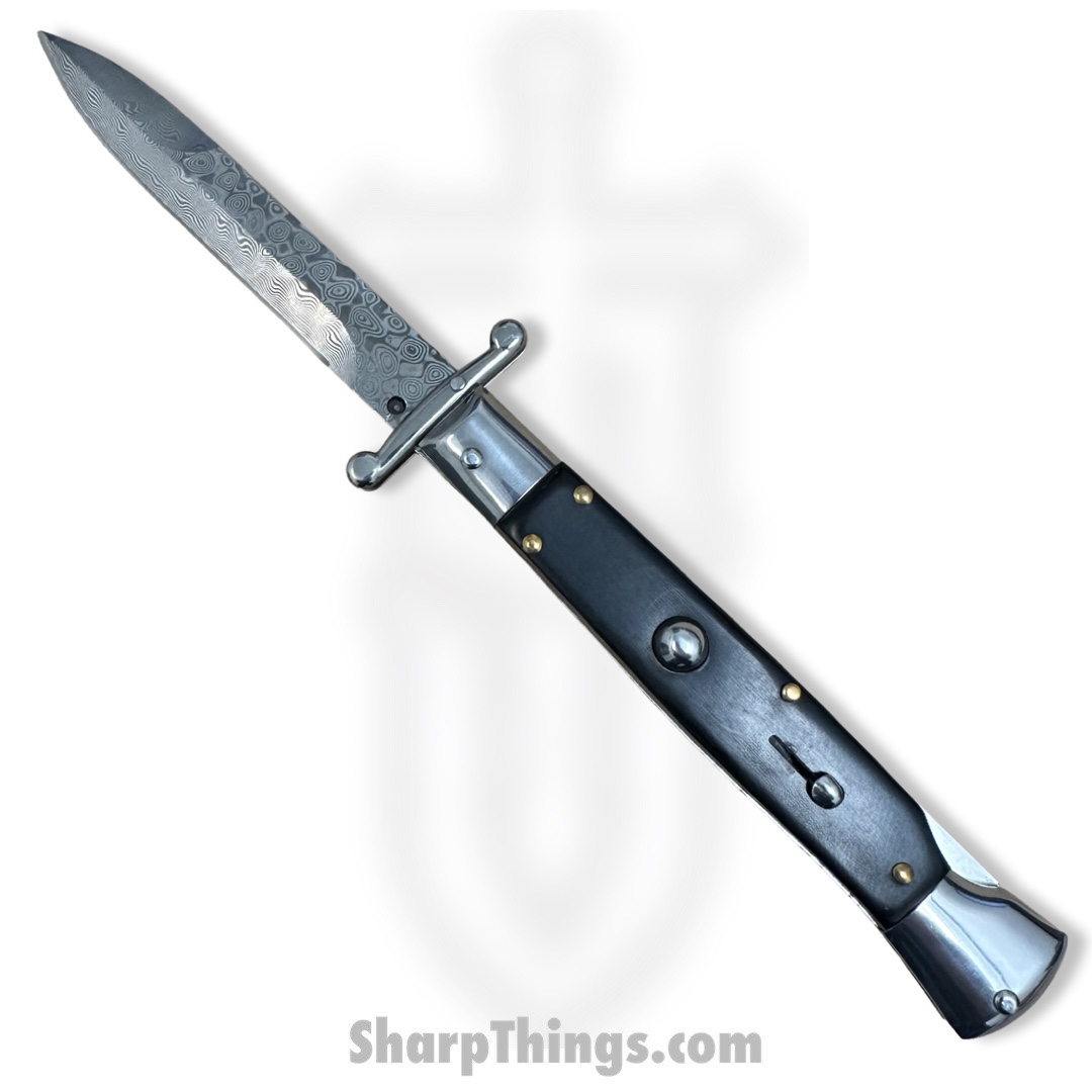 Steel River Knives - SBSGPMDBH - Premium 9in Stiletto - Swinguard Lockback Auto - 440 Damascus Clip Point - Black Horn