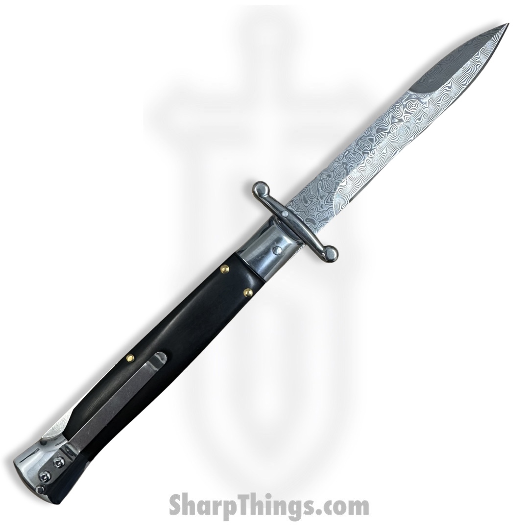 Steel River Knives - SBSGPMDBH - Premium 9in Stiletto - Swinguard Lockback Auto - 440 Damascus Clip Point - Black Horn - Image 7
