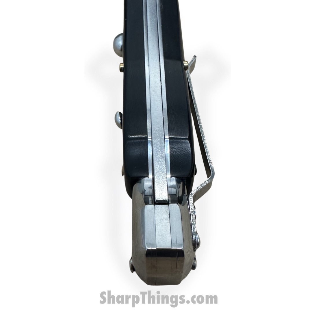 Steel River Knives - SBSGPMDBH - Premium 9in Stiletto - Swinguard Lockback Auto - 440 Damascus Clip Point - Black Horn - Image 5