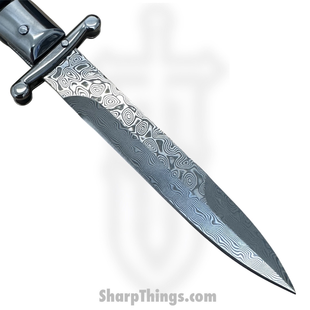 Steel River Knives - SBSGPMDBH - Premium 9in Stiletto - Swinguard Lockback Auto - 440 Damascus Clip Point - Black Horn - Image 4