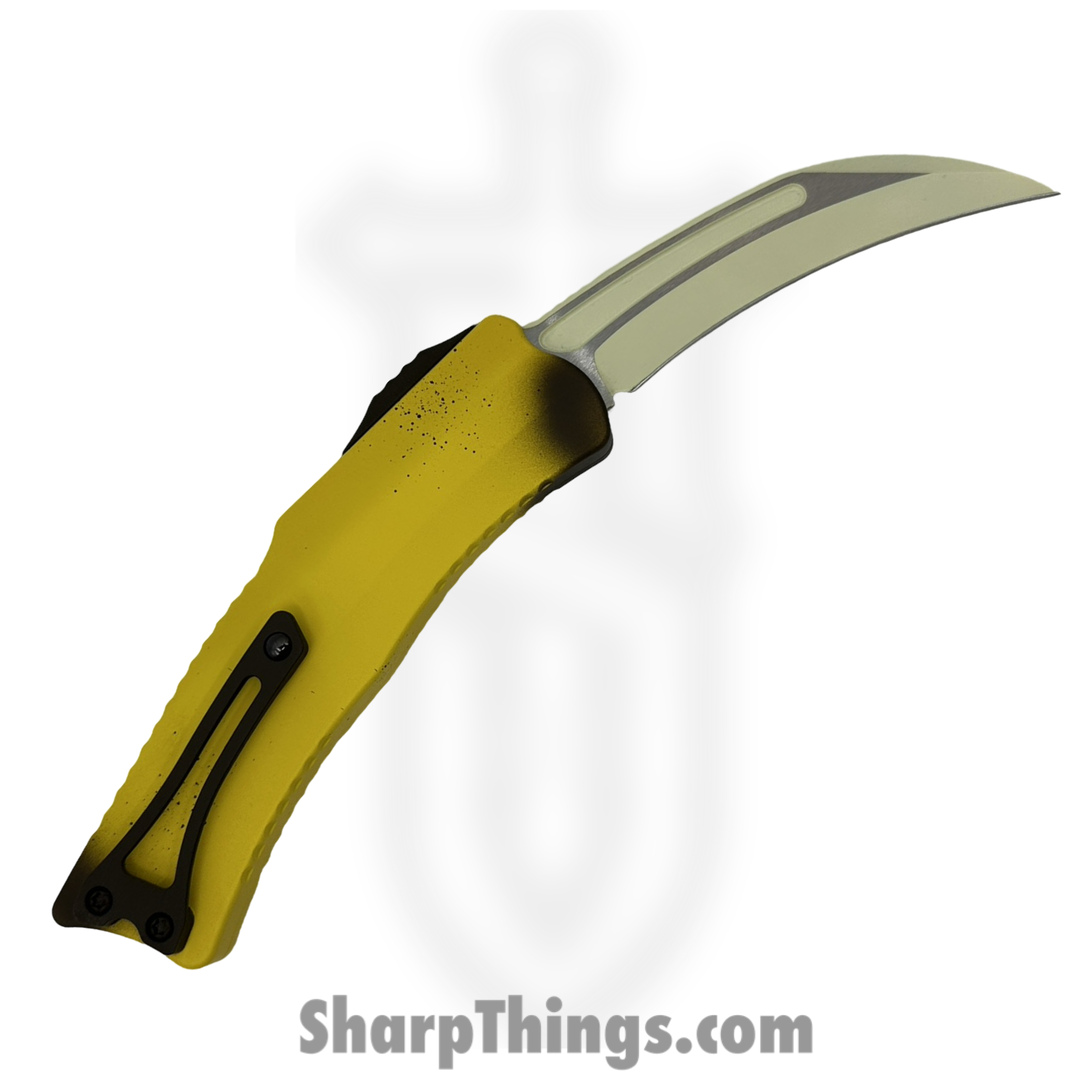 Heretic Knives - H060-FP-NANA- ROC - Fresh Peeled Stabnana - OTF Auto - Magnacut Coated Hawkbill - Aluminum - Yellow Brown Blue White - Image 2