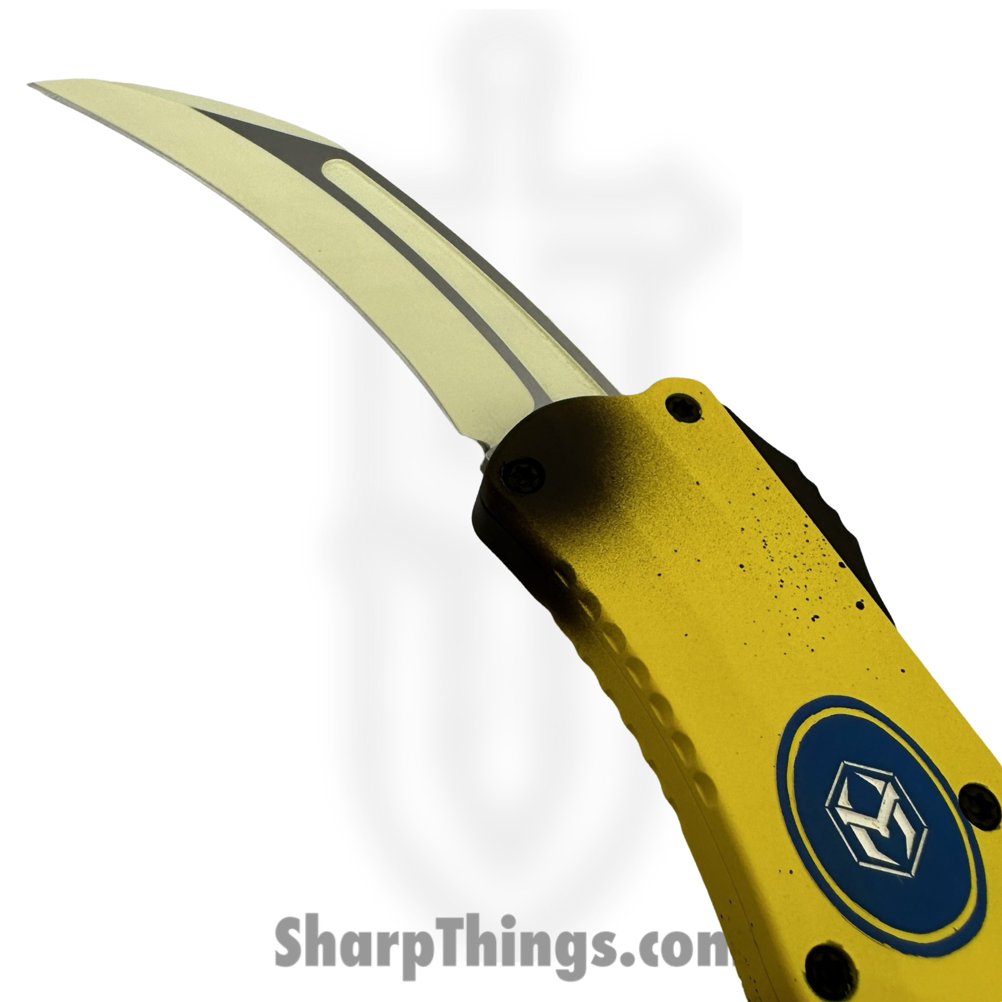 Heretic Knives - H060-FP-NANA- ROC - Fresh Peeled Stabnana - OTF Auto - Magnacut Coated Hawkbill - Aluminum - Yellow Brown Blue White - Image 5