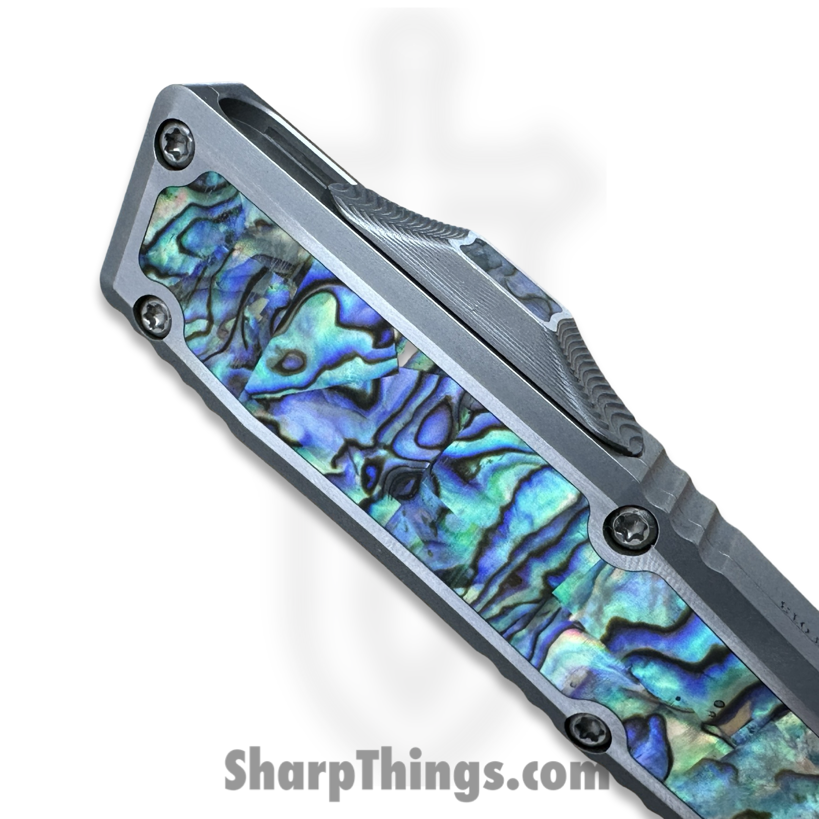 Heretic Knives - NYXCSTM524 - NYX Custom - OTF Auto - Mirror Polish M390 Clip Point - SS Frame w Abalone Inlays - Polished - Image 8