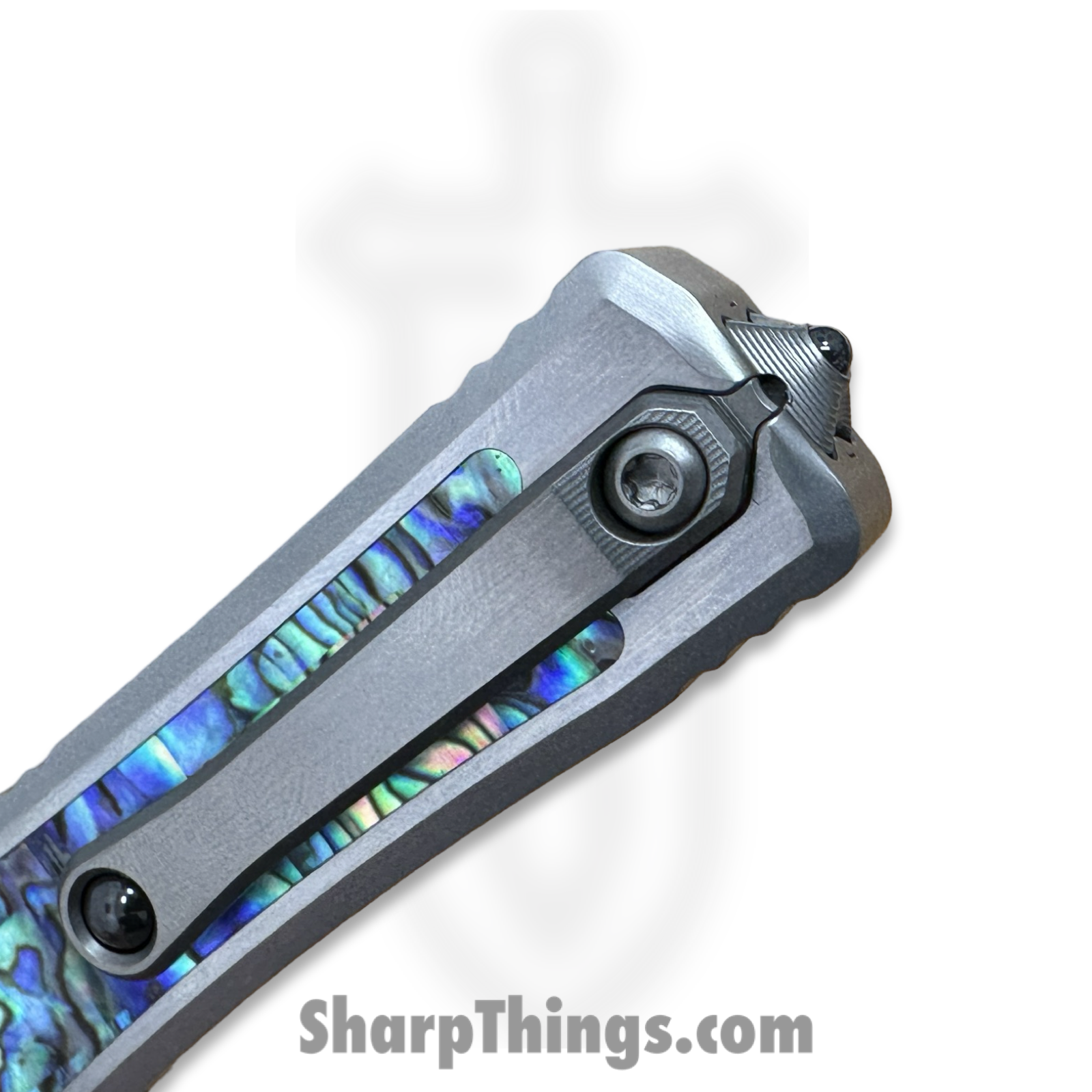 Heretic Knives - NYXCSTM524 - NYX Custom - OTF Auto - Mirror Polish M390 Clip Point - SS Frame w Abalone Inlays - Polished - Image 6