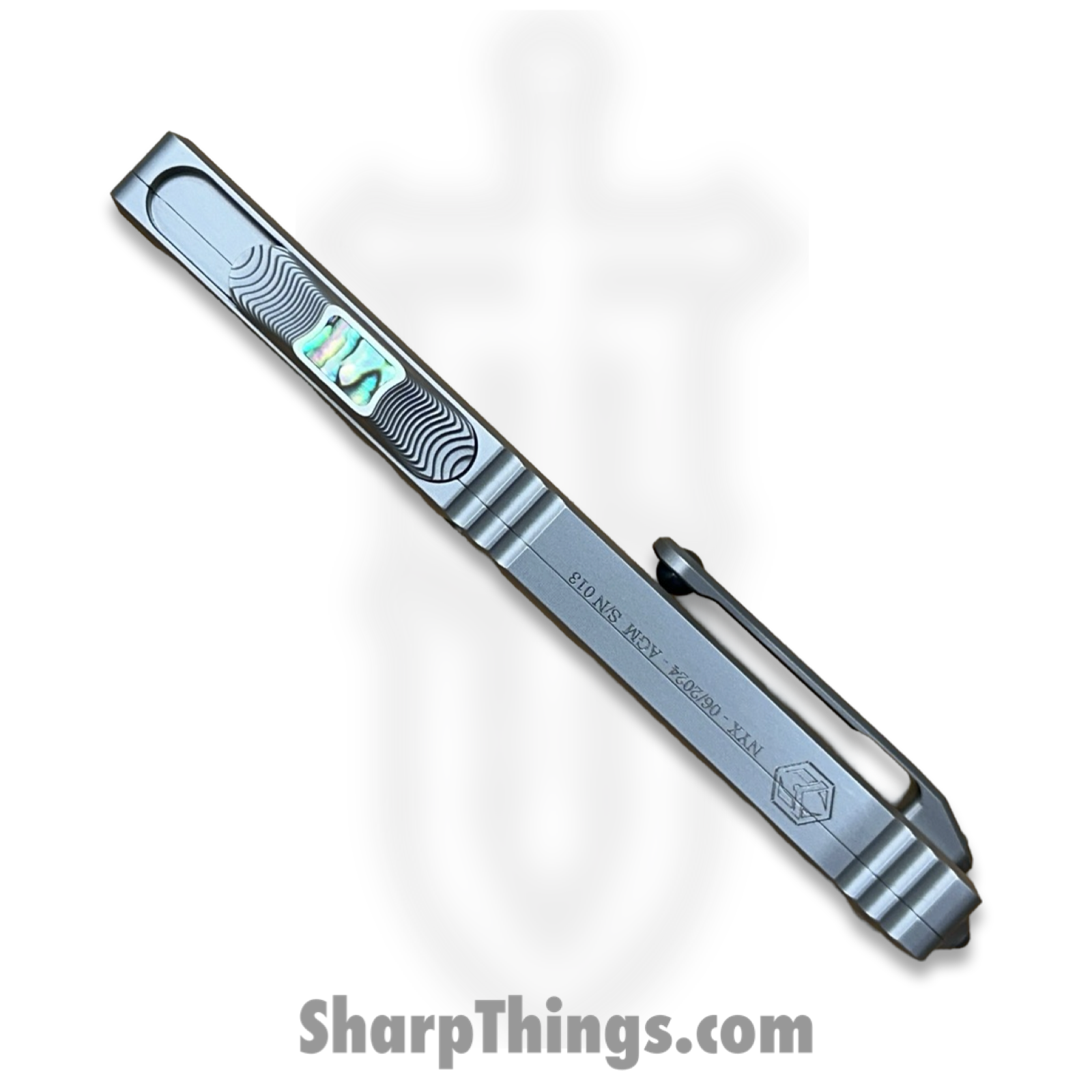 Heretic Knives - NYXCSTM524 - NYX Custom - OTF Auto - Mirror Polish M390 Clip Point - SS Frame w Abalone Inlays - Polished - Image 7