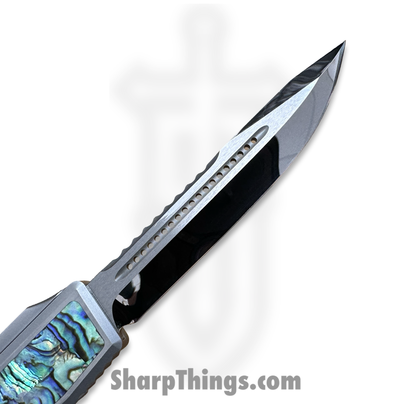 Heretic Knives - NYXCSTM524 - NYX Custom - OTF Auto - Mirror Polish M390 Clip Point - SS Frame w Abalone Inlays - Polished - Image 3