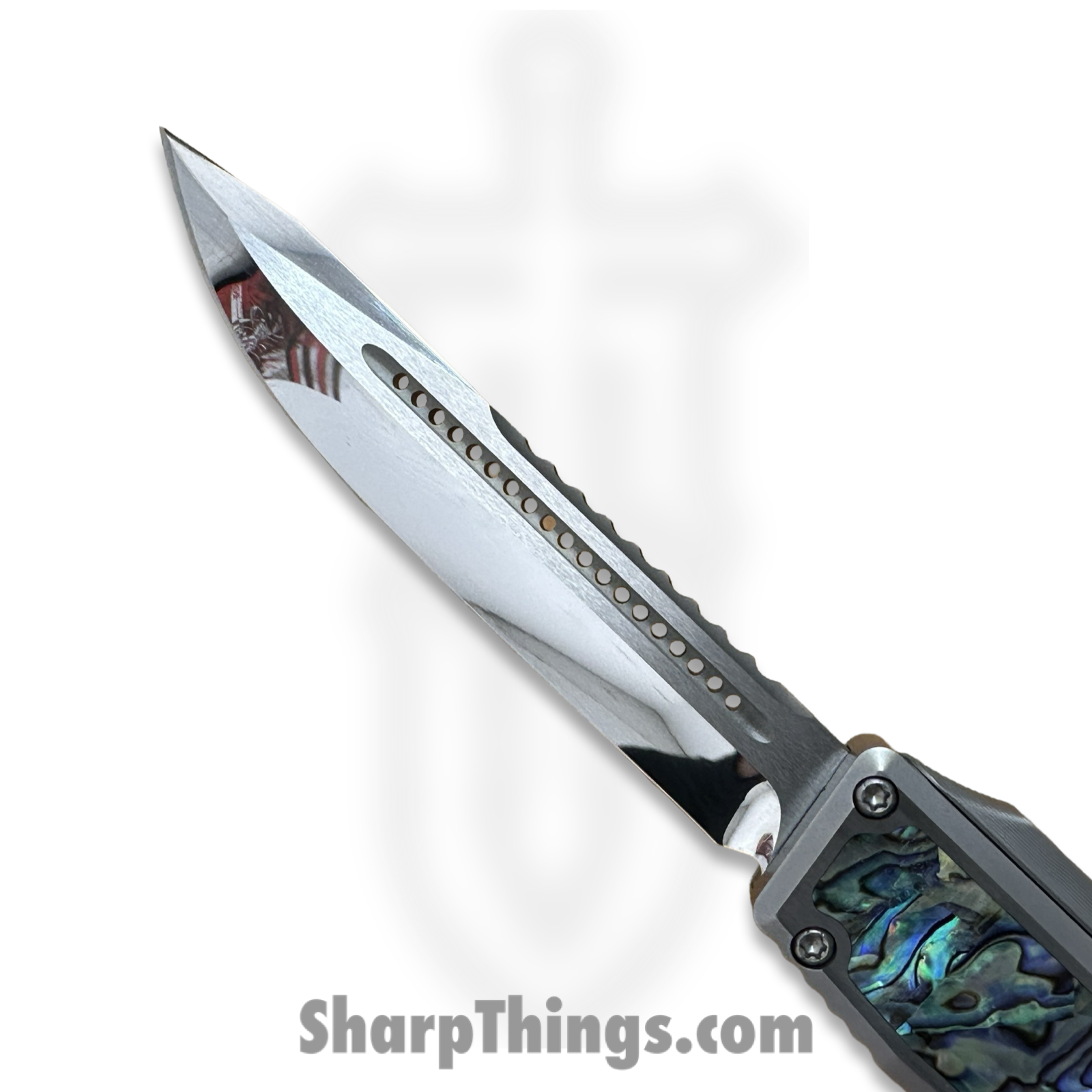 Heretic Knives - NYXCSTM524 - NYX Custom - OTF Auto - Mirror Polish M390 Clip Point - SS Frame w Abalone Inlays - Polished - Image 11